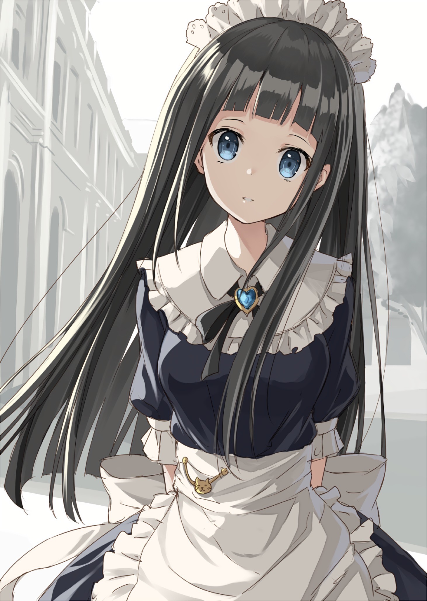 Anime 1462x2060 anime anime girls long hair black hair blue eyes maid maid outfit Rin Yuu