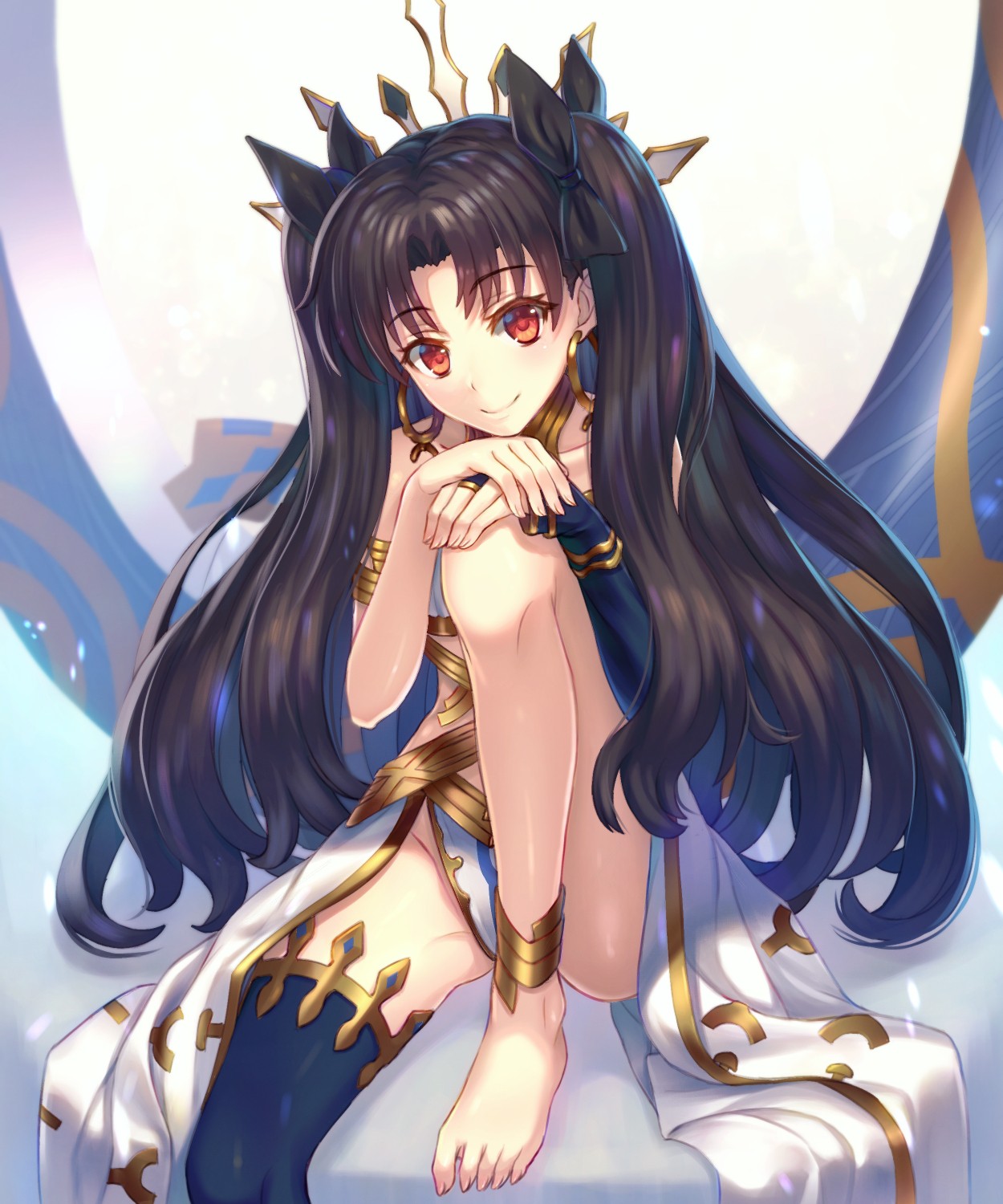 Anime 1250x1500 Fate/Grand Order armor cleavage thigh-highs feet white background simple background anime girls anime Ishtar (Fate/Grand Order) missing sock Fate series