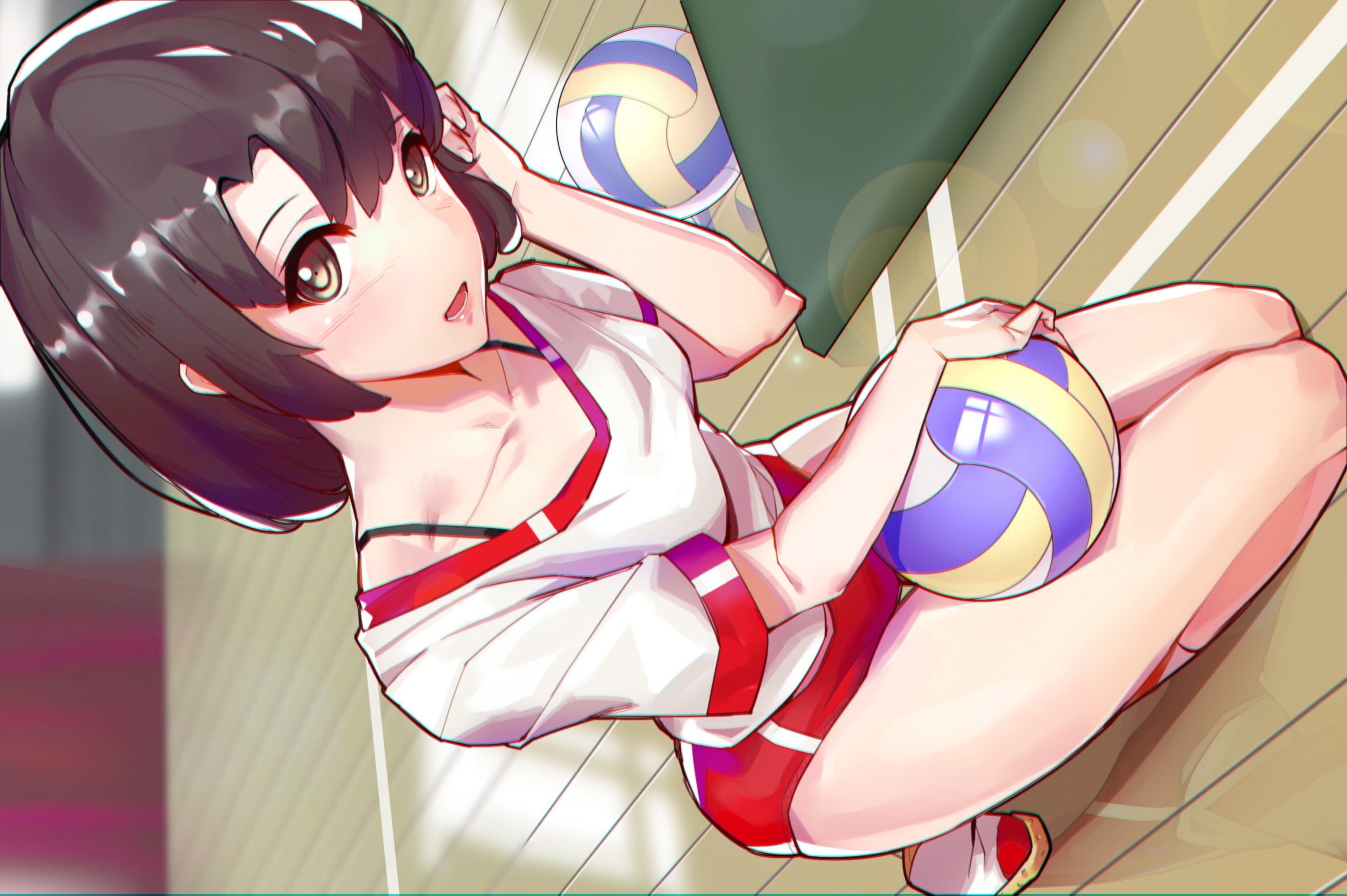 Anime 3200x2129 anime anime girls gym clothes volleyball short hair brunette brown eyes Saenai Heroine no Sodatekata Katou Megumi cleavage thighs cameltoe bloomers looking at viewer 2D blushing small boobs fan art JK the gap