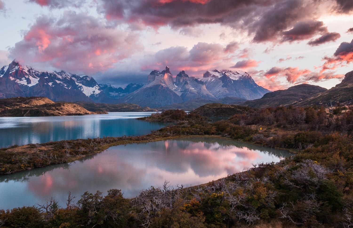General 1500x968 nature landscape photography sunrise mountains lake shrubs fall snowy peak clouds sunlight Torres del Paine Chile national park South America Patagonia