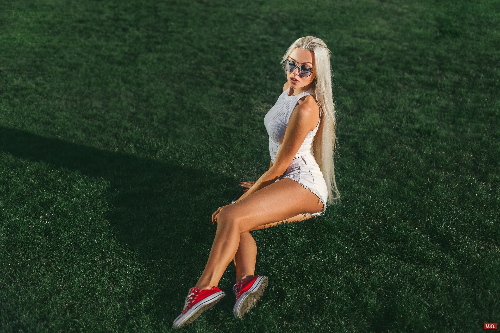 People 1920x1280 Kristina Viktorovna women model blonde sneakers sunglasses ass jean shorts grass long hair sitting closed eyes women with glasses Converse painted nails shadow thighs