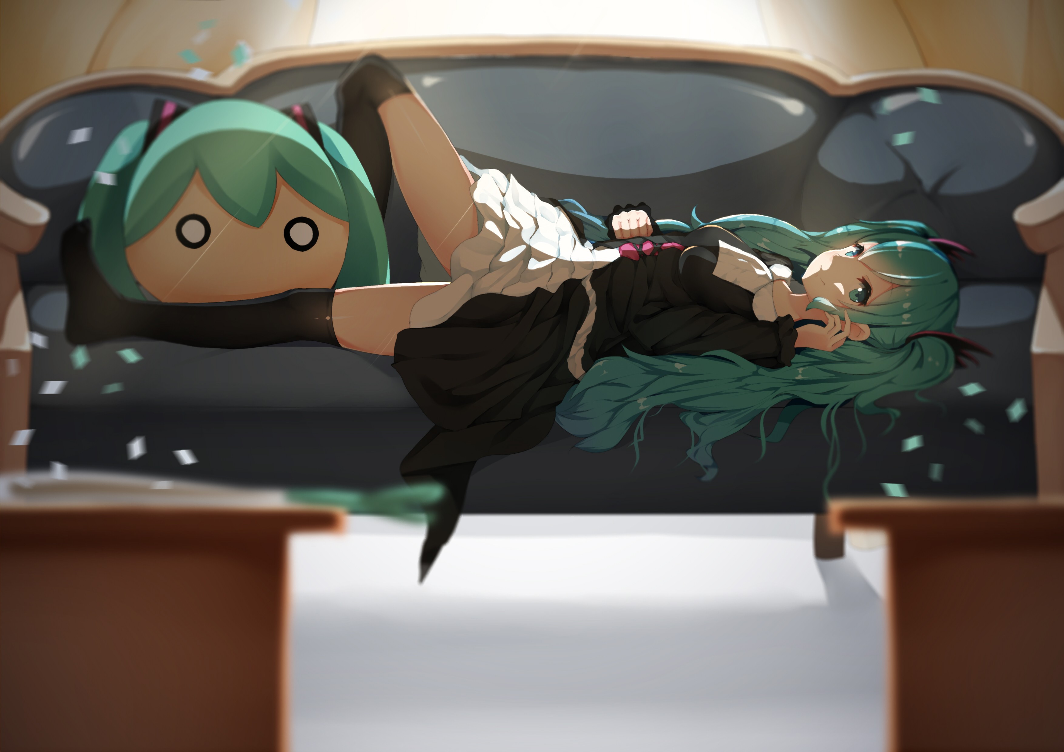 Anime 3507x2480 aqua eyes cyan hair couch Hatsune Miku long hair thigh-highs twintails Vocaloid