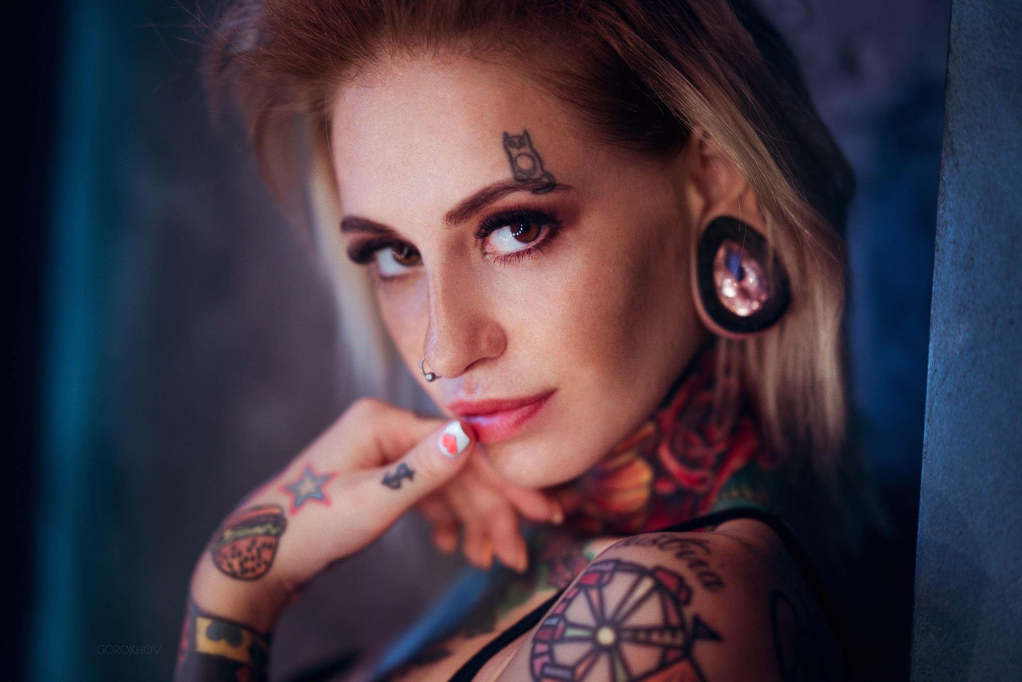 People 2000x1334 Bantik Boy tattoo nose ring Ivan Gorokhov pierced nose stretched ears women face closeup piercing inked girls watermarked looking at viewer brown eyes model painted nails