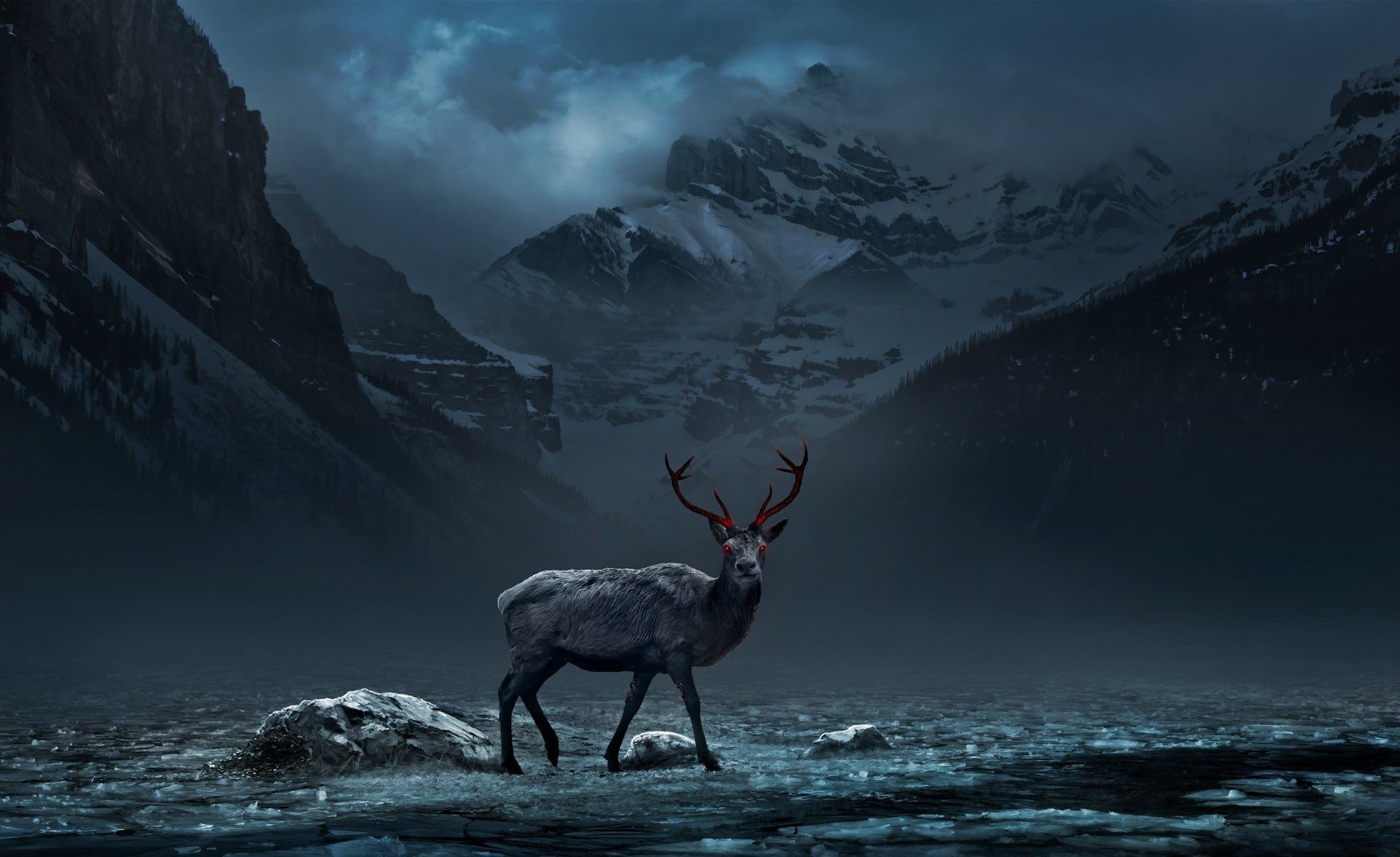 General 1920x1176 nature animals deer mountains red eyes digital art trees forest clouds night