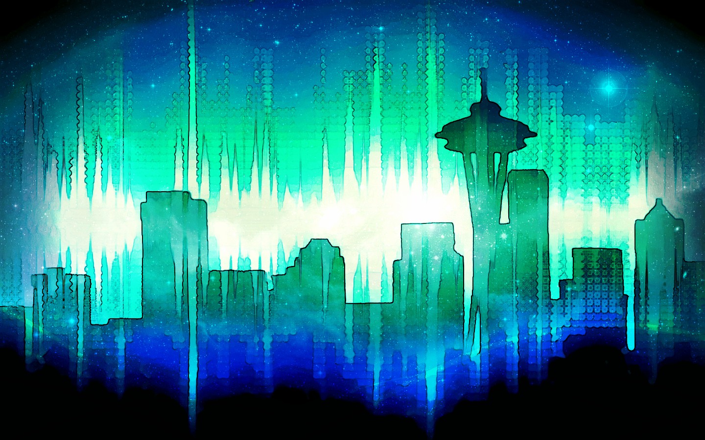 General 1440x900 Seattle cityscape skyline blue green stars Space Needle Washington State USA abstract artwork