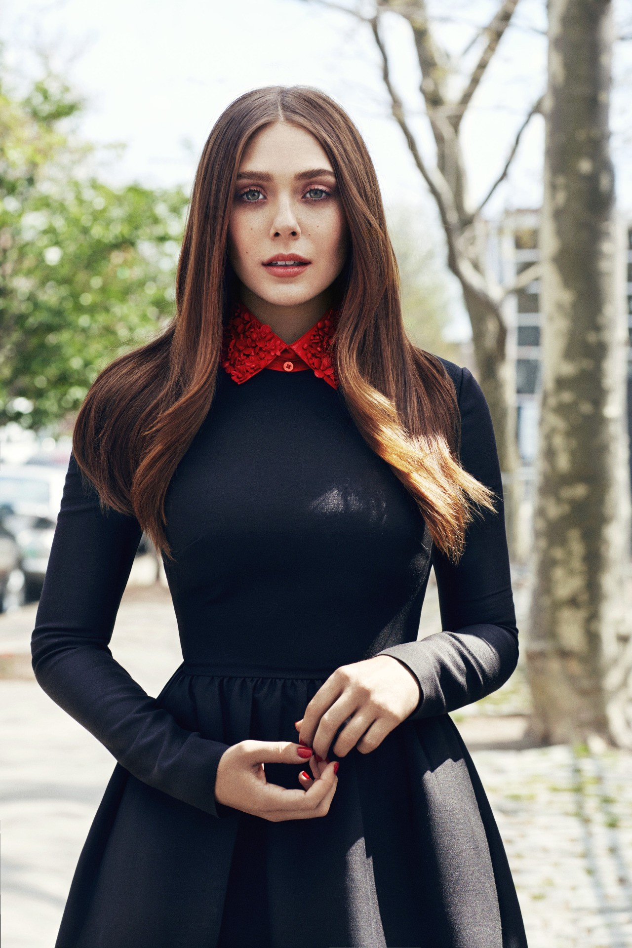 People 1280x1920 Elizabeth Olsen  women dress long hair celebrity actress red nails painted nails makeup brunette women outdoors urban red lipstick black dress black clothing looking at viewer