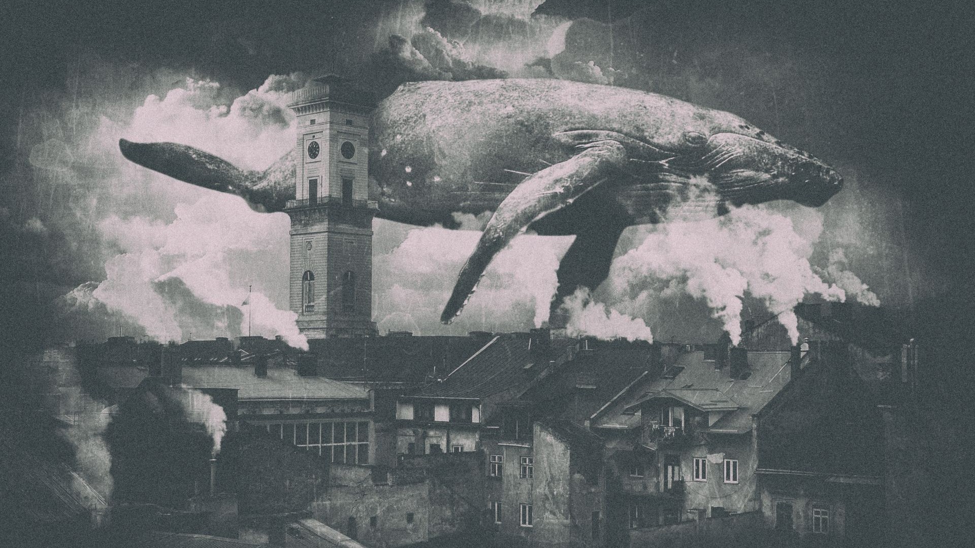 General 1920x1080 whale city smoke flying Lviv monochrome flying whales surreal digital art tower animals mammals