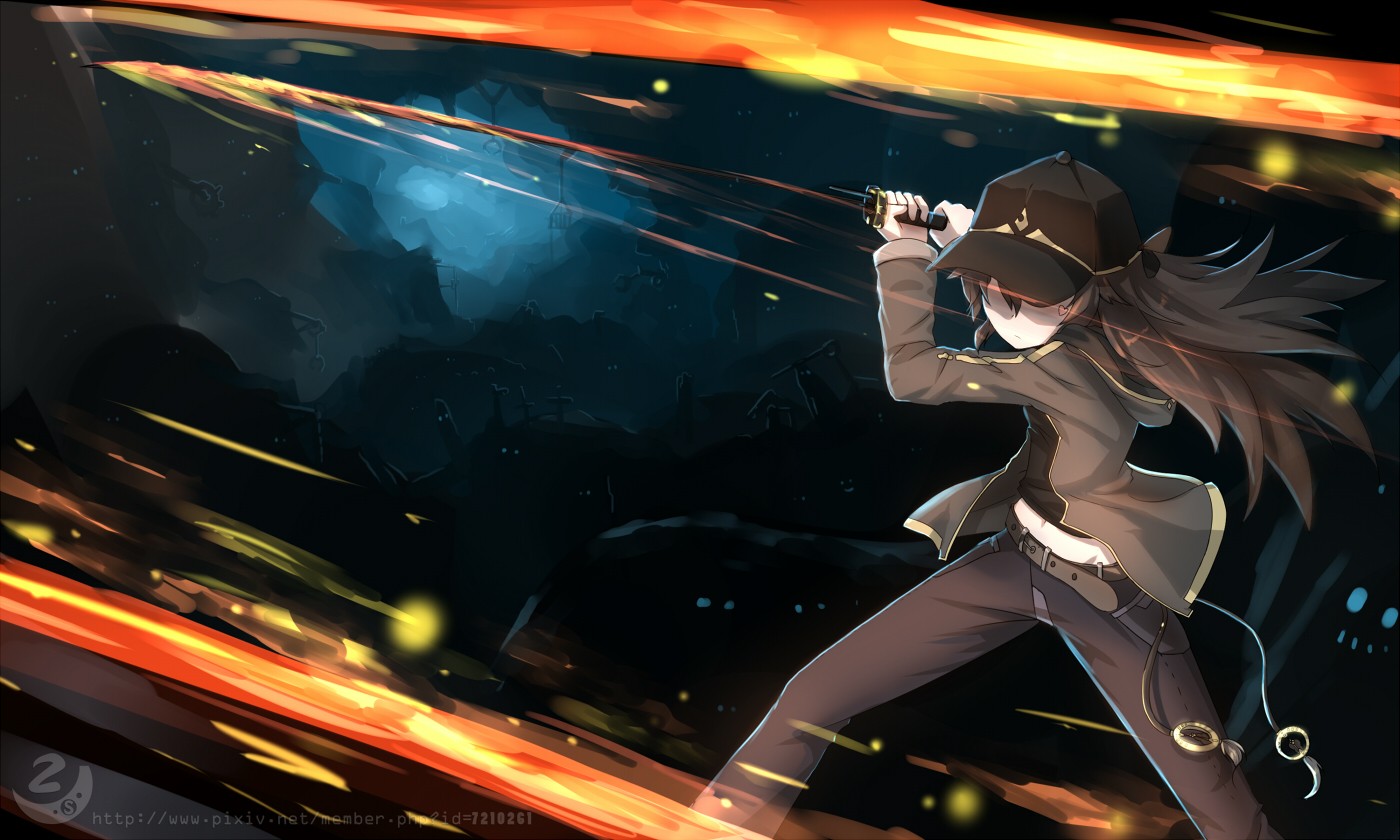 Anime 1400x840 anime anime girls sword weapon girls with guns hat women with hats long hair brunette