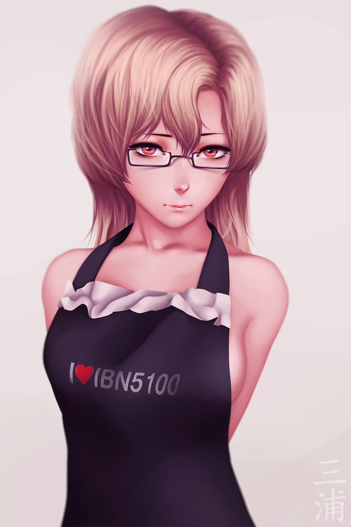 Anime 1200x1800 anime anime girls Steins;Gate Kiryuu Moeka long hair red eyes glasses apron naked apron Pixiv women with glasses numbers Heart (Clothing) looking at viewer