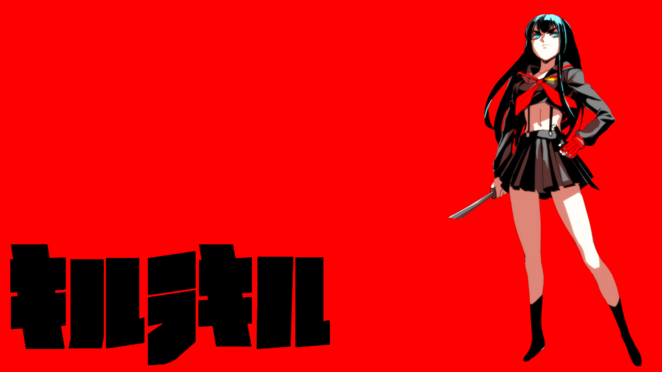 Anime 1366x768 Kill la Kill Kiryuin Satsuki anime girls miniskirt red background anime women with swords legs angry simple background