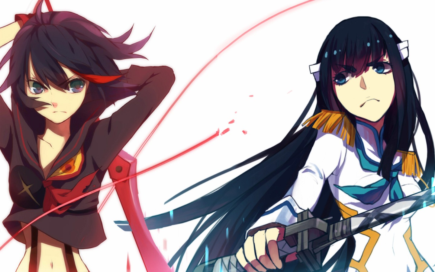 Anime 1440x900 Kill la Kill Matoi Ryuuko Kiryuin Satsuki two women anime girls anime women with swords sword white background