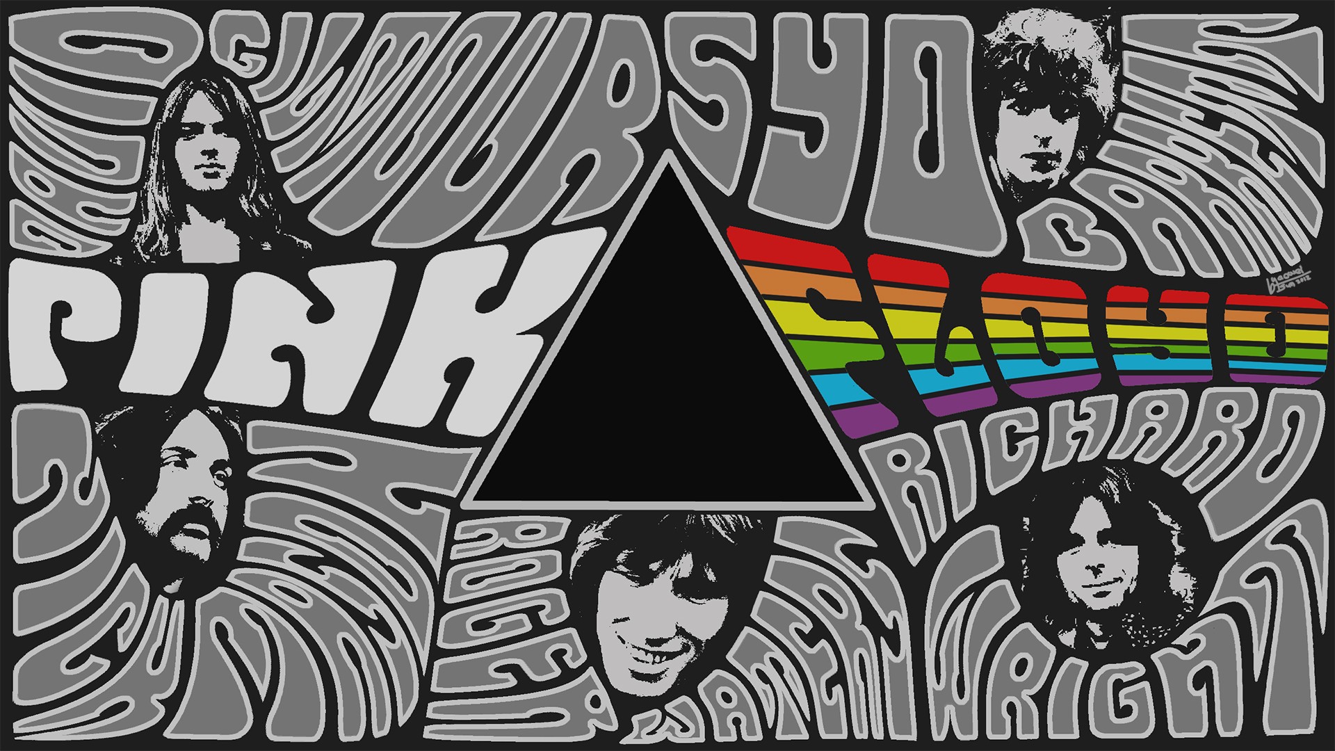 General 1920x1080 Pink Floyd collage digital art music selective coloring typography