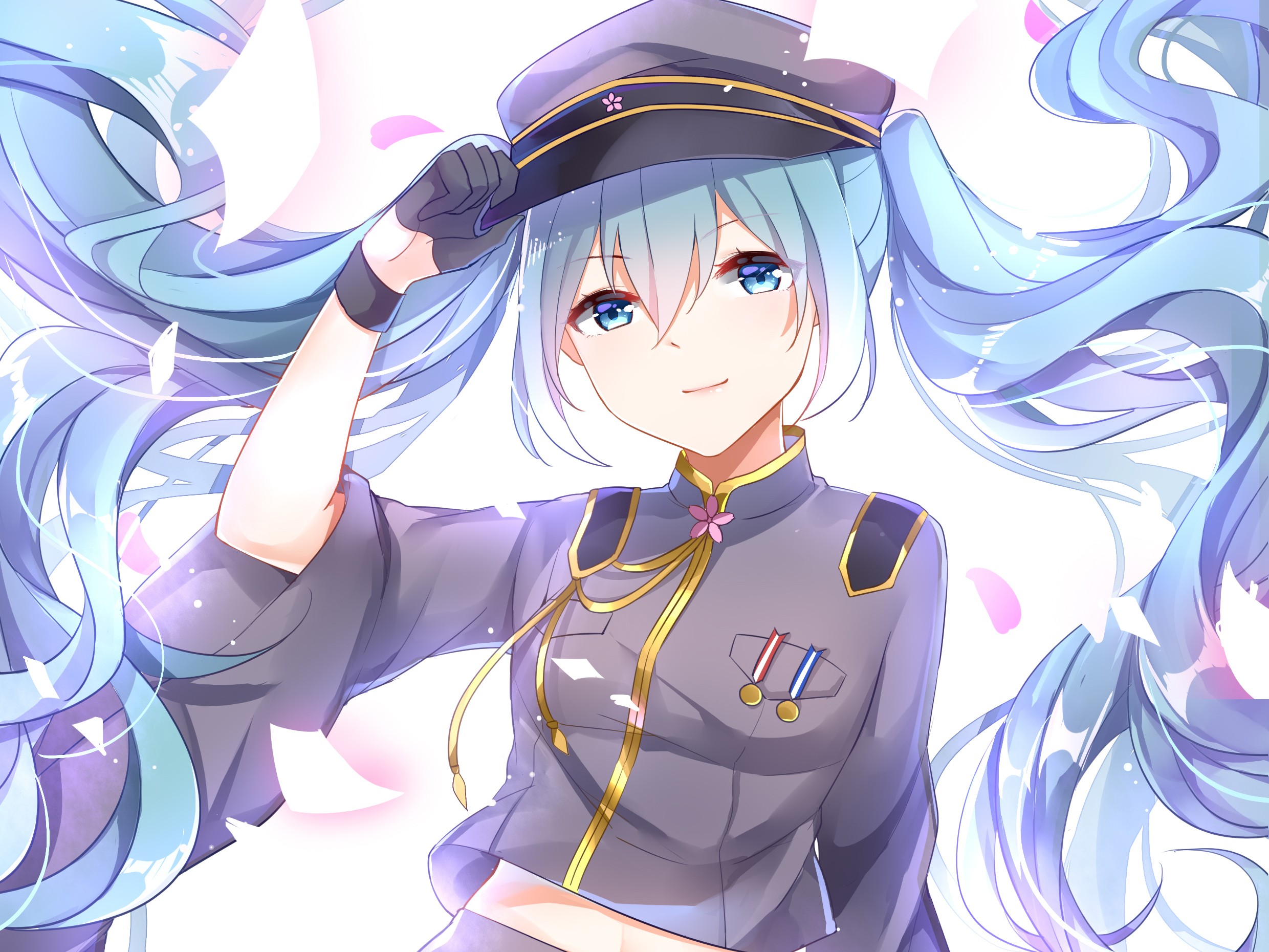 Anime 2480x1860 anime anime girls Vocaloid Hatsune Miku cyan hair blue eyes long hair petals twintails uniform hat Pixiv women with hats looking at viewer