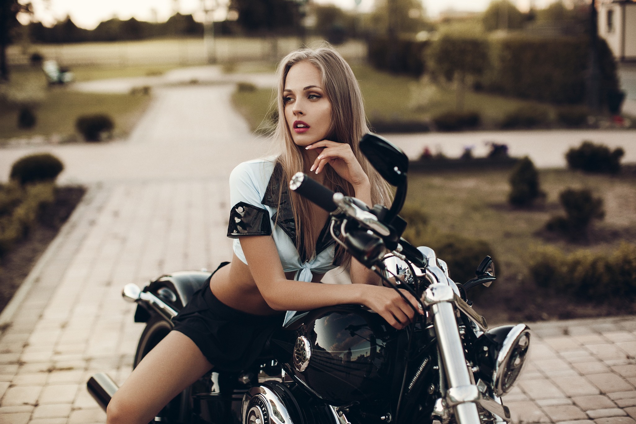 People 2048x1365 women women with motorcycles looking away miniskirt outdoors motorcycle black motorcycles makeup women outdoors model parted lips skirt black skirts vehicle brunette long hair