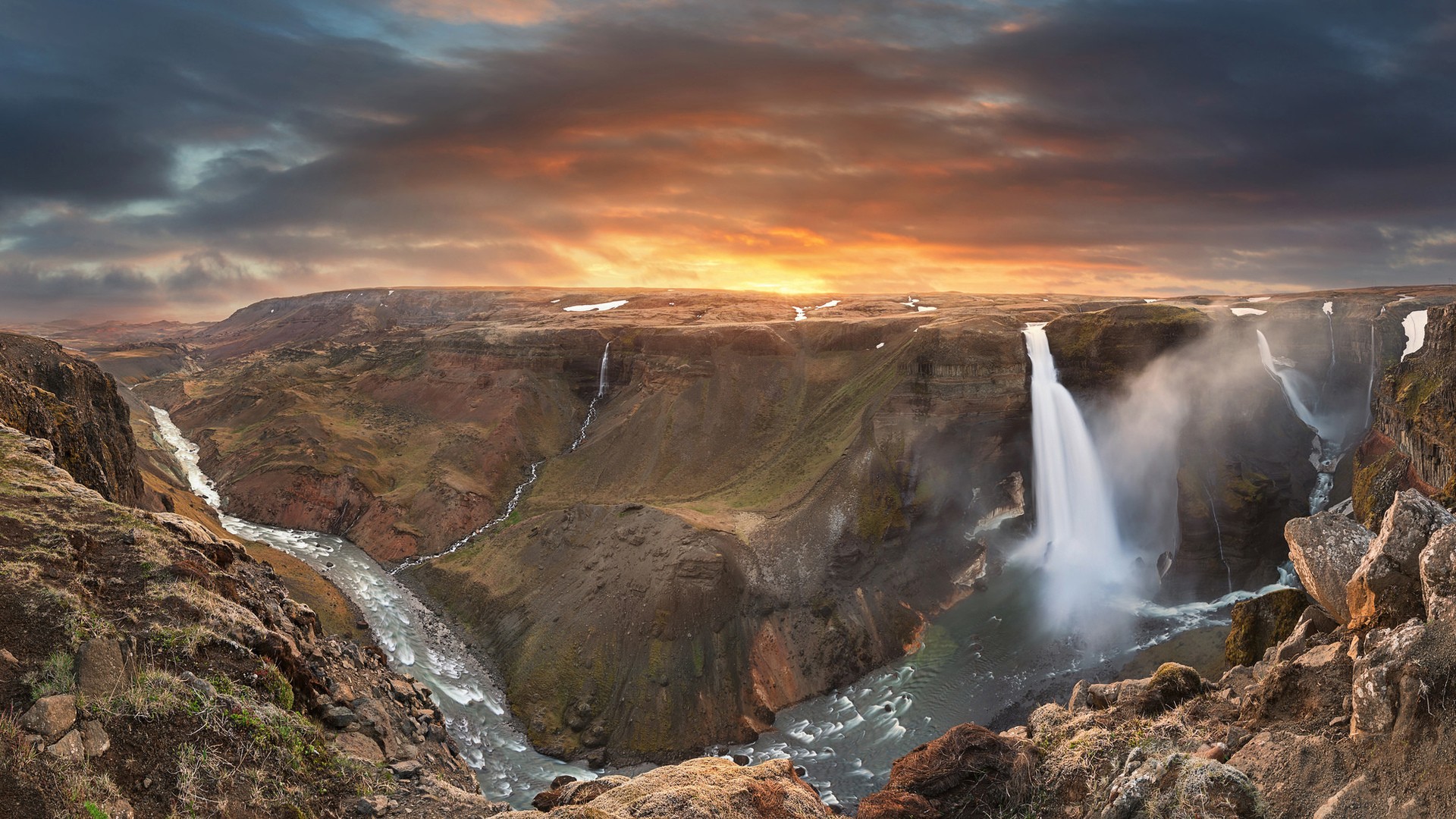 General 1920x1080 nature landscape waterfall long exposure Iceland mountains river rocks clouds sunset stream stones valley nordic landscapes