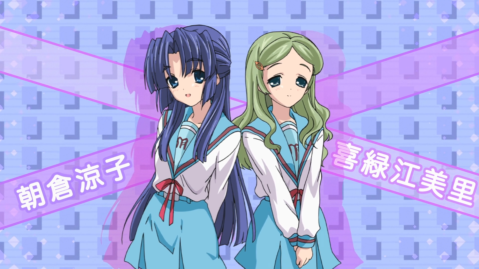 Anime 1920x1080 The Melancholy of Haruhi Suzumiya anime girls Asakura Ryouko anime two women dark hair green hair
