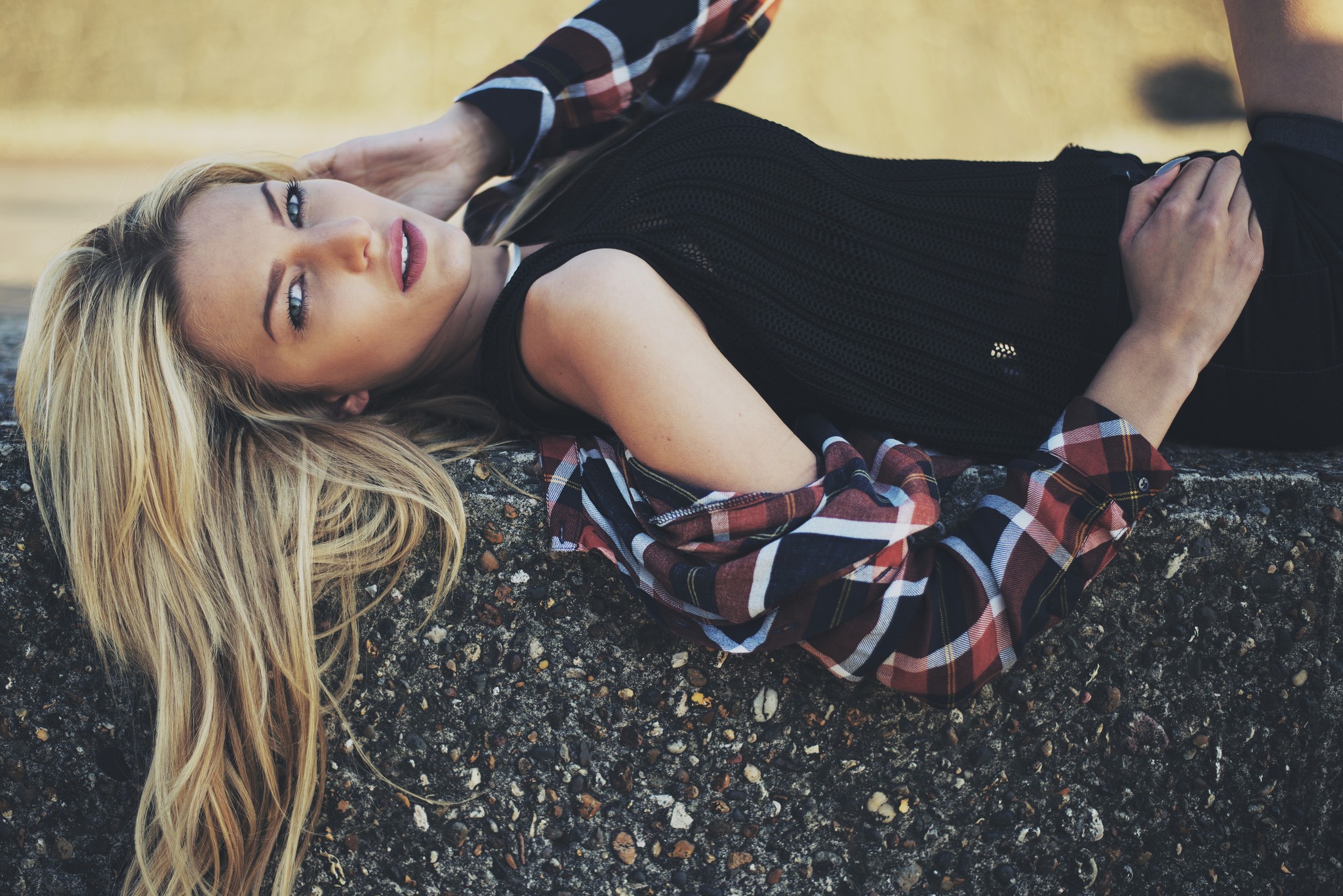 People 2048x1367 women blonde lying on back plaid looking at viewer women outdoors long hair face model plaid shirt