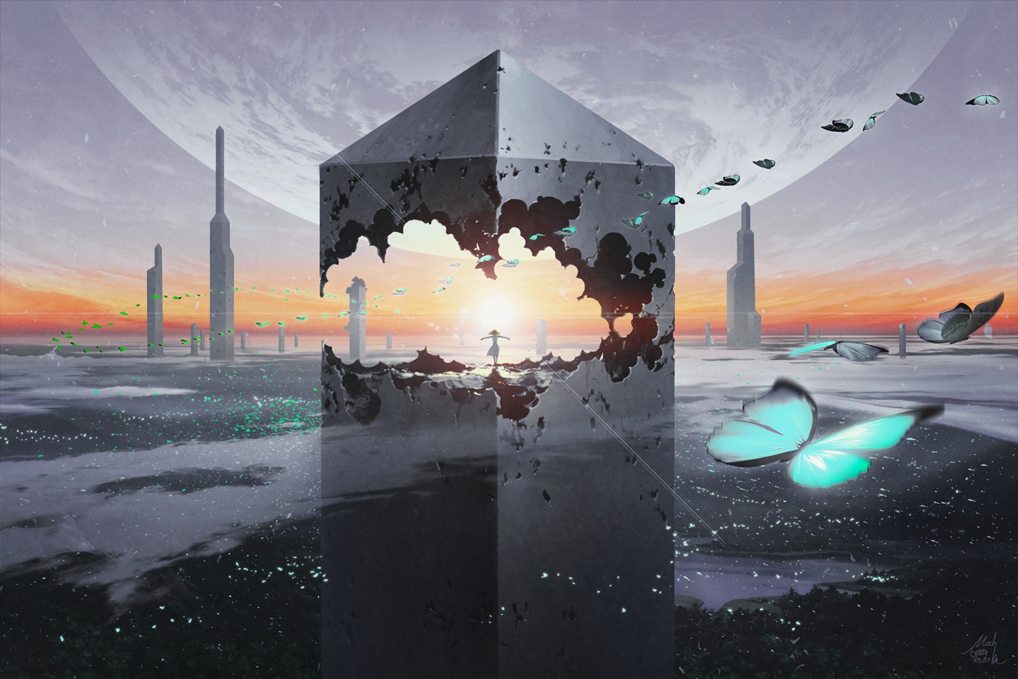 Anime 2000x1334 Technoheart waifu2x cityscape skyline Moon butterfly clouds sunset skyscraper anime sky animals insect planet sunlight anime girls watermarked