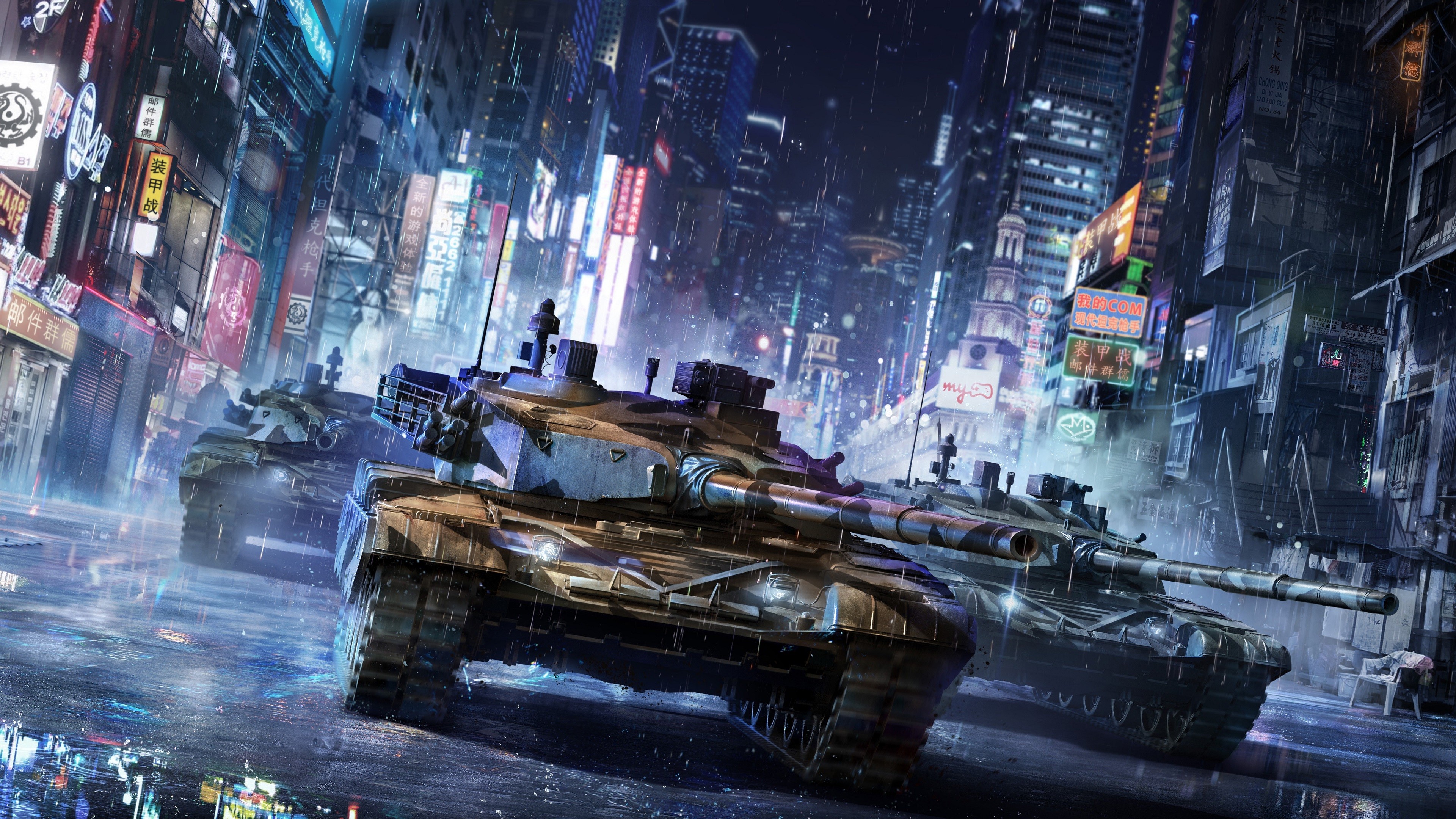 General 3840x2160 Armored Warfare video games tank military city night Asia rain