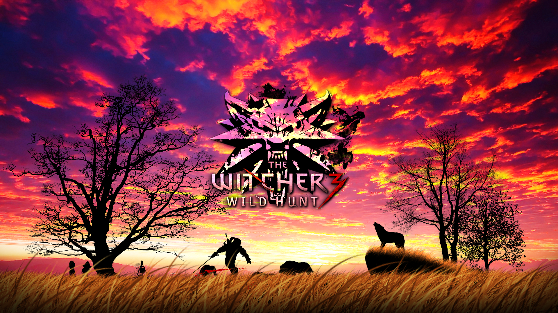 General 1920x1080 The Witcher 3: Wild Hunt Geralt of Rivia sunset wolf dry grass clouds silhouette The Witcher video game art digital art video games