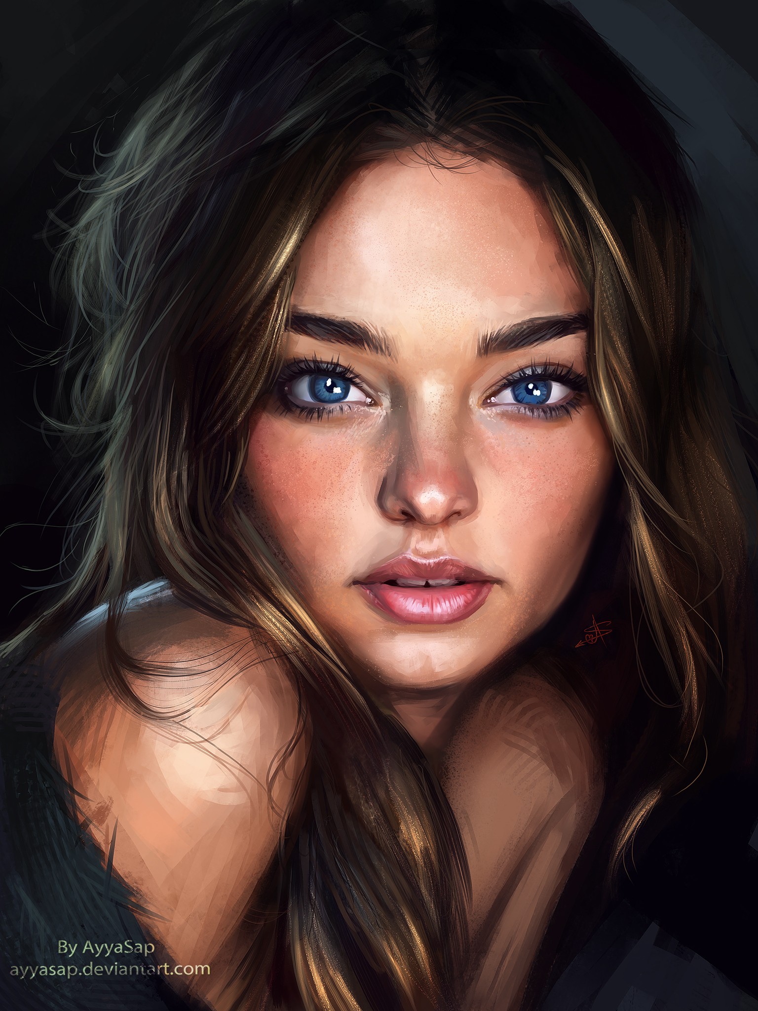 General 1536x2048 illustration brunette Miranda Kerr blue eyes open mouth looking at viewer Caucasian bare shoulders simple background face