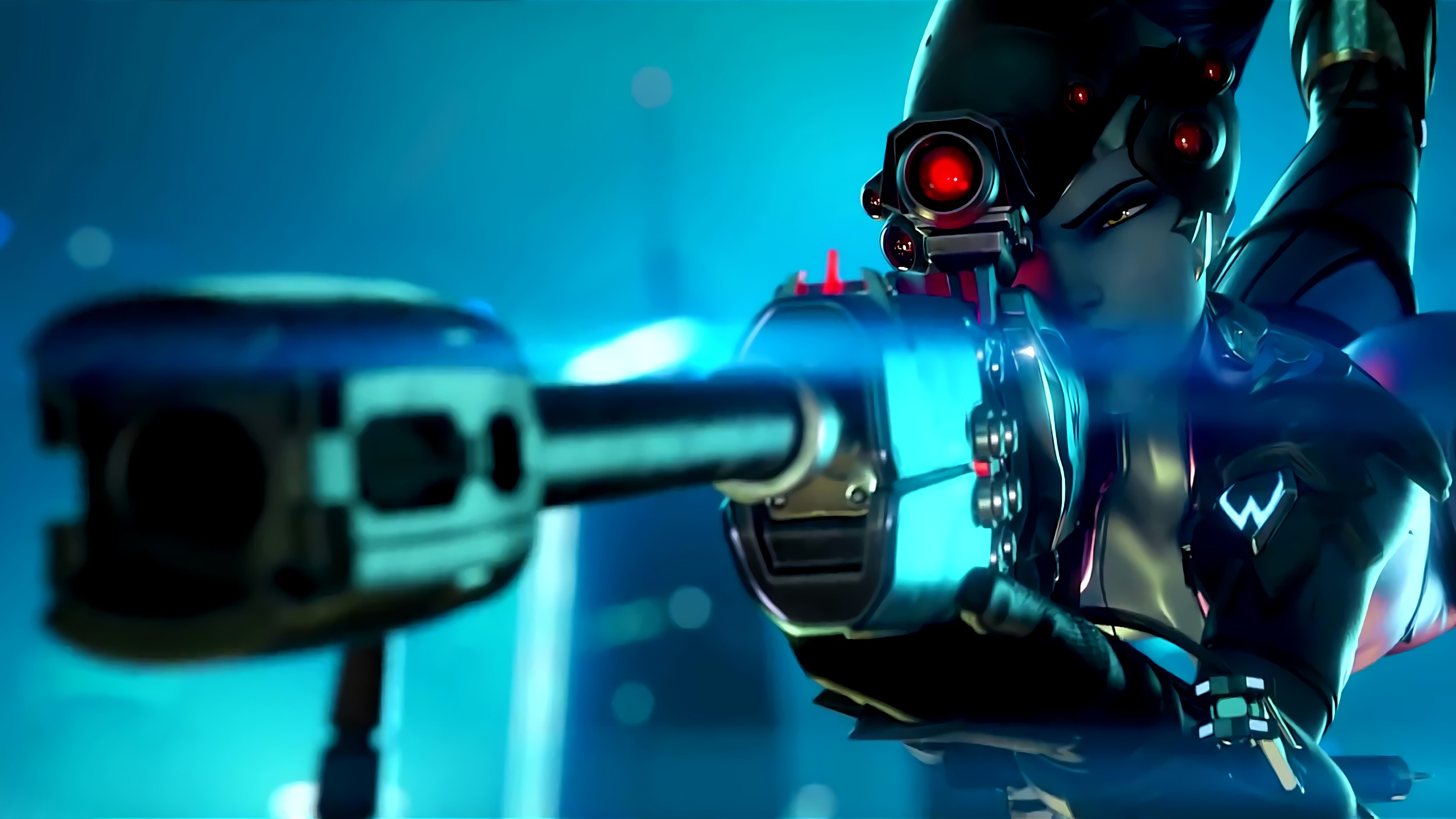 General 2560x1440 Overwatch Widowmaker (Overwatch) PC gaming weapon sniper rifle anime girls cyan blue lying on front digital art low light