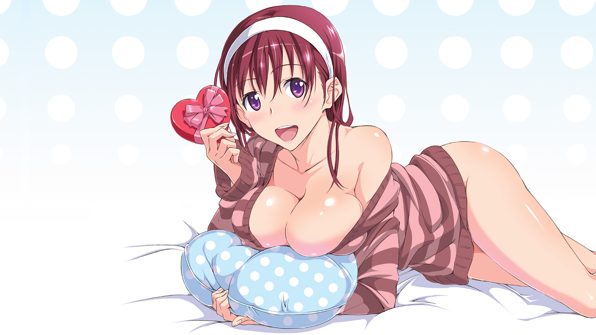 Anime 1920x1080 anime girls big boobs purple eyes bottomless no bra cleavage in bed pillow hug Valentine's Day Suzutsuki Kurara lying on front