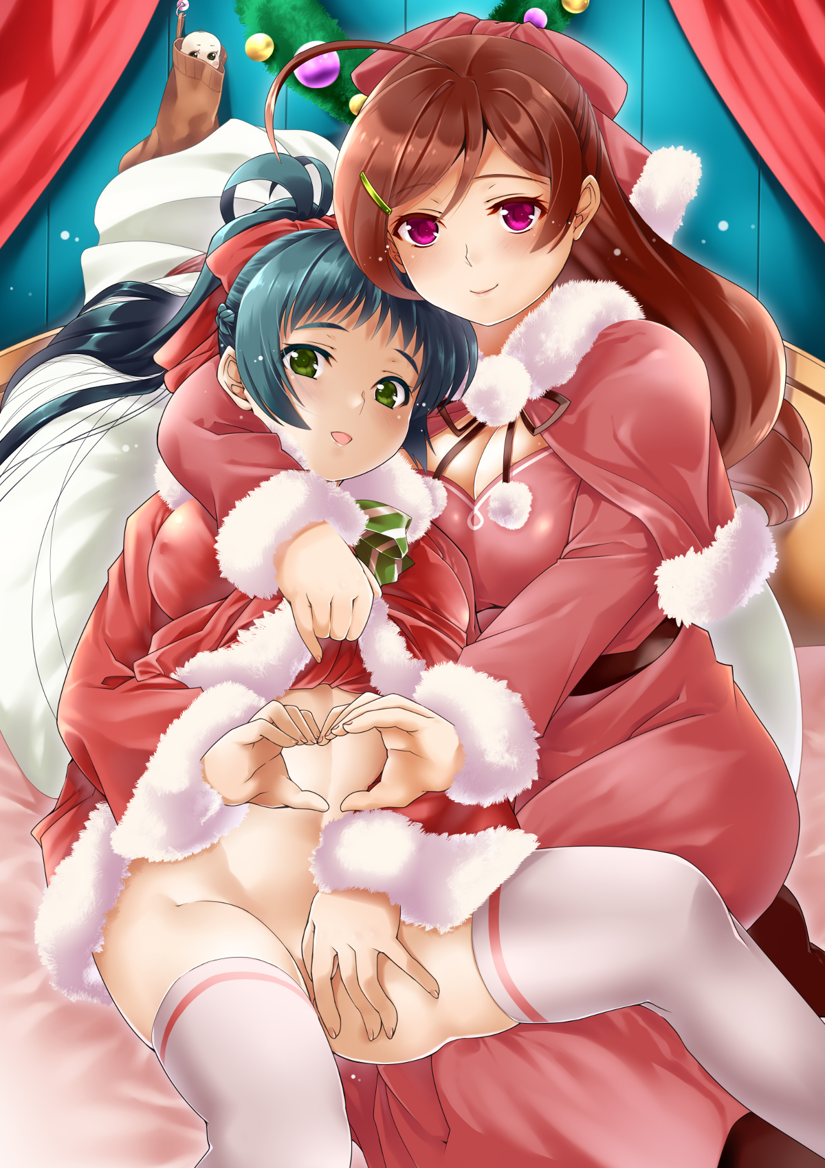 Anime 1200x1699 Christmas cleavage santa outfit dress Irako (Kancolle) Kantai Collection Mamiya (KanColle) nopan thigh-highs