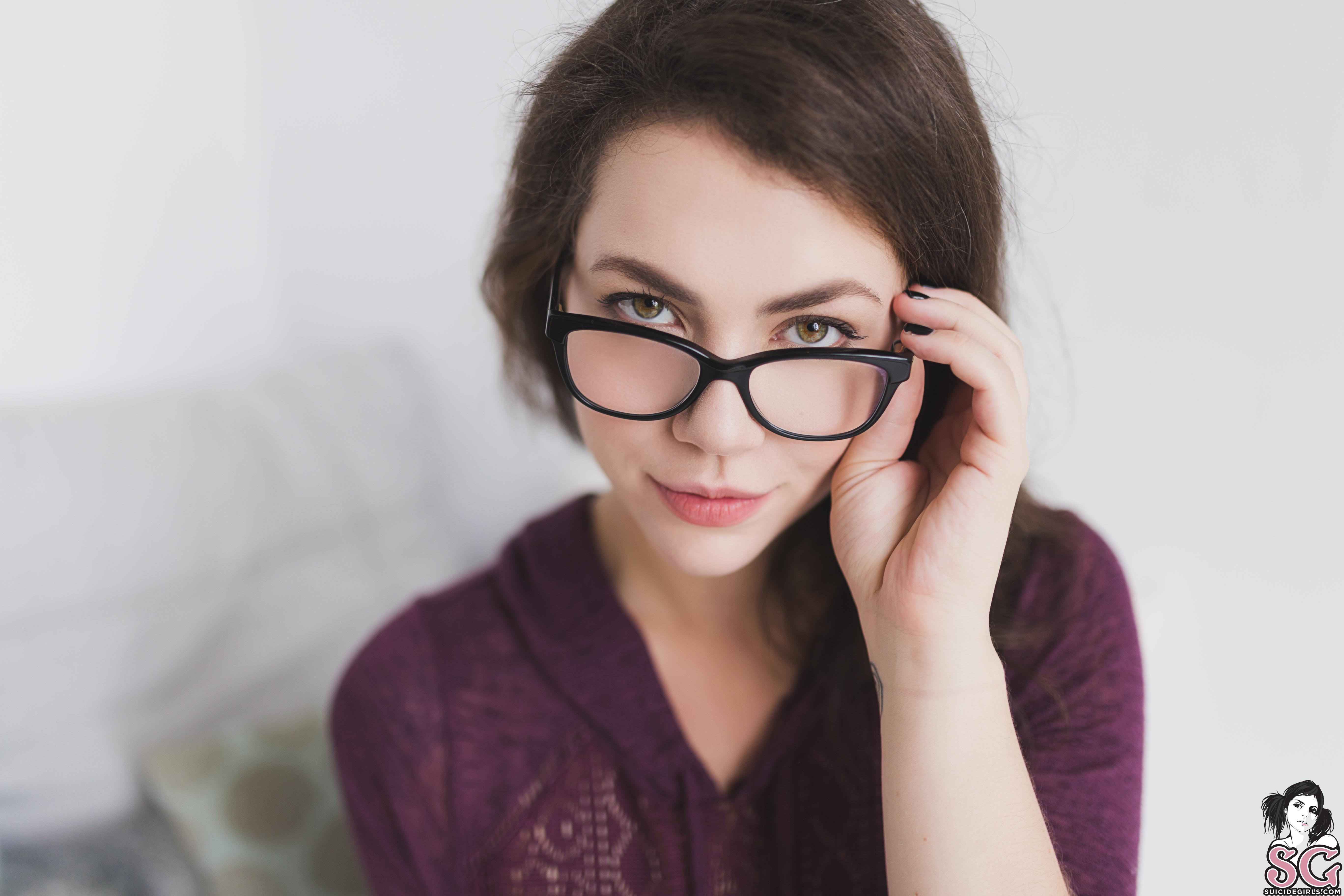 People 5472x3648 Milenci Suicide Girls model women with glasses looking at viewer women brunette portrait face smiling black nails depth of field indoors women indoors touching glasses closeup