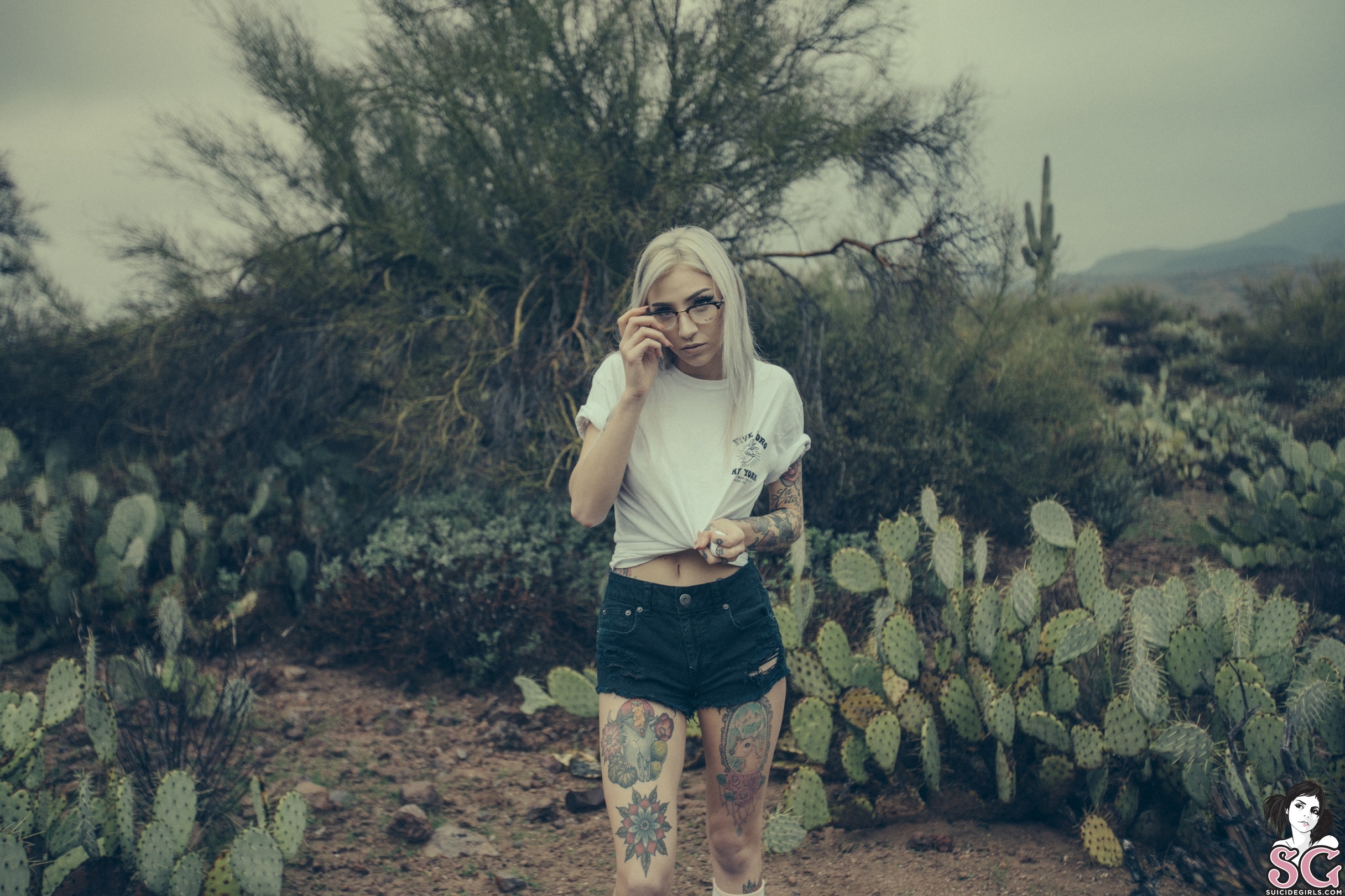 People 2432x1621 Suicide Girls whitehead Ivory Suicide tattoo cactus plants desert glasses women watermarked inked girls outdoors T-shirt white tops