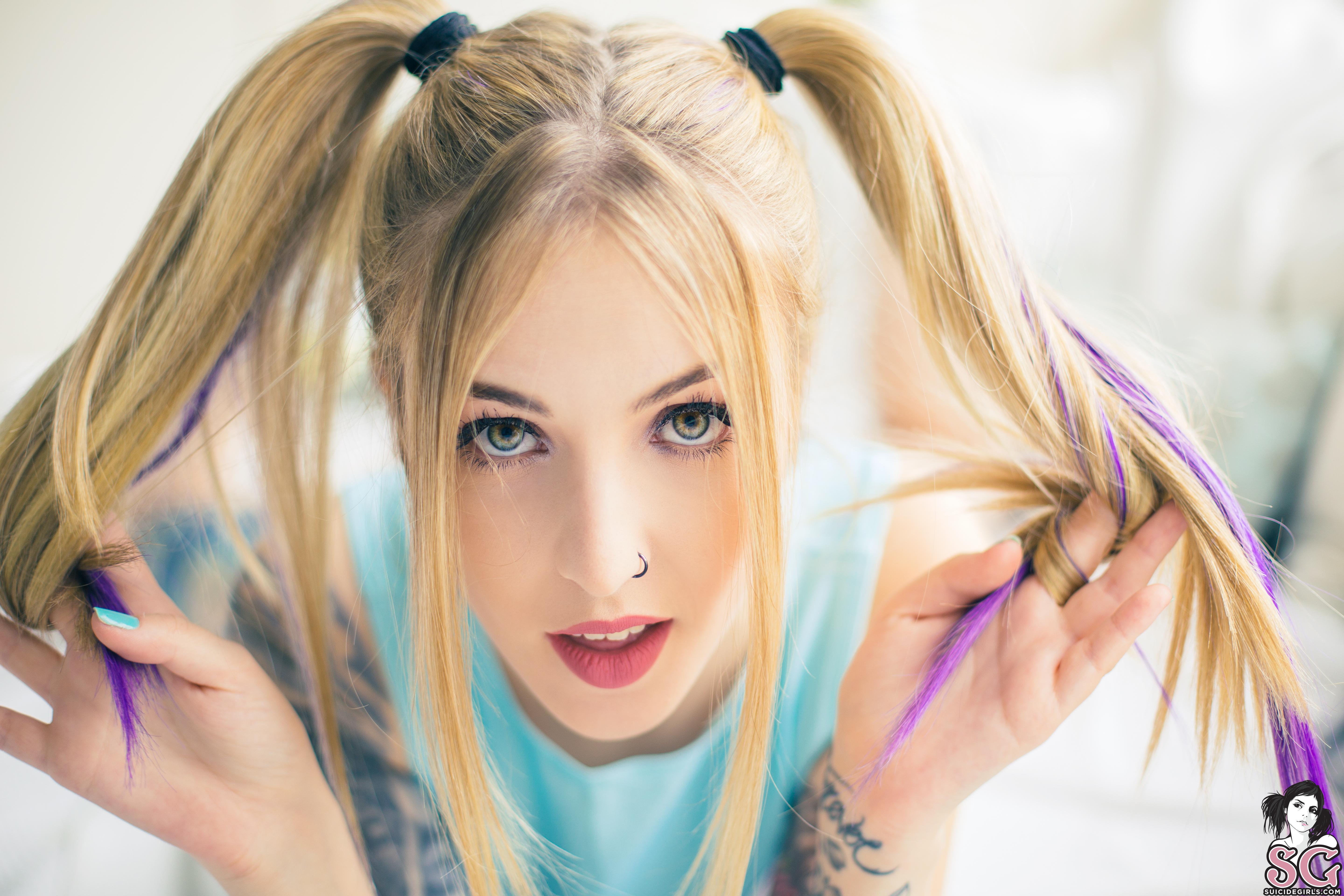 People 5760x3840 blonde women tattoo Trece Suicide Girls looking at viewer green eyes pierced nose twintails closeup watermarked