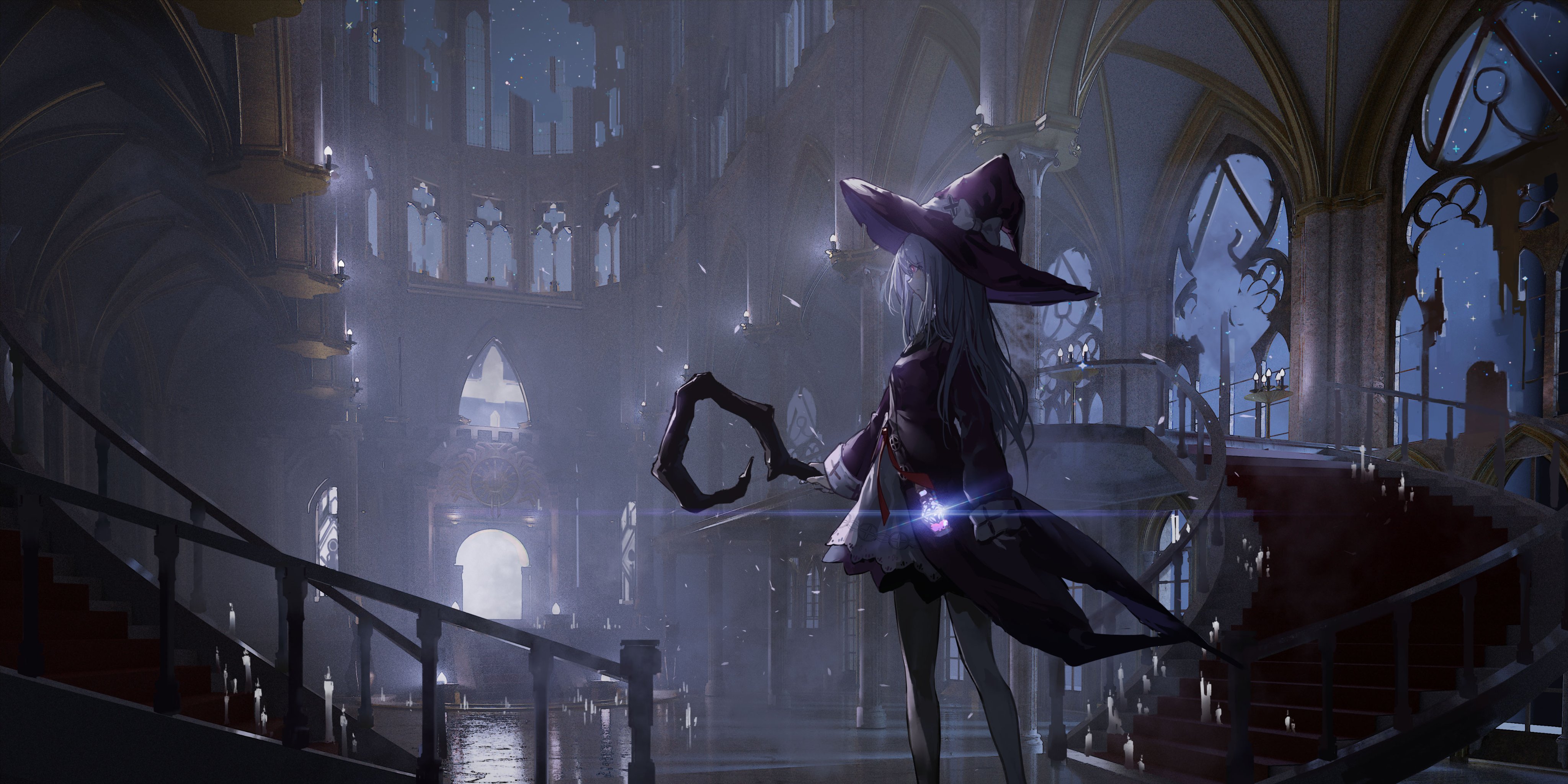 Anime 4096x2048 Mages wands witch hat anime girls witch stairs interior candles long hair
