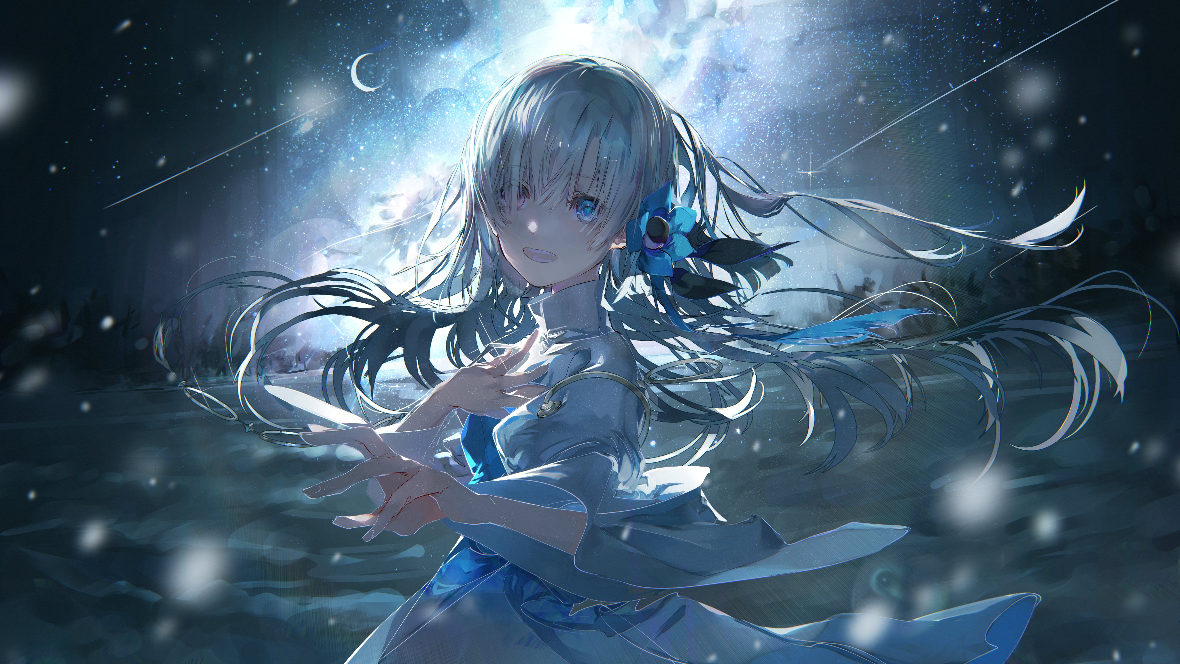 Anime 4096x2304 anime girls heterochromia flower in hair long hair looking at viewer stars crescent moon night hair in face smiling