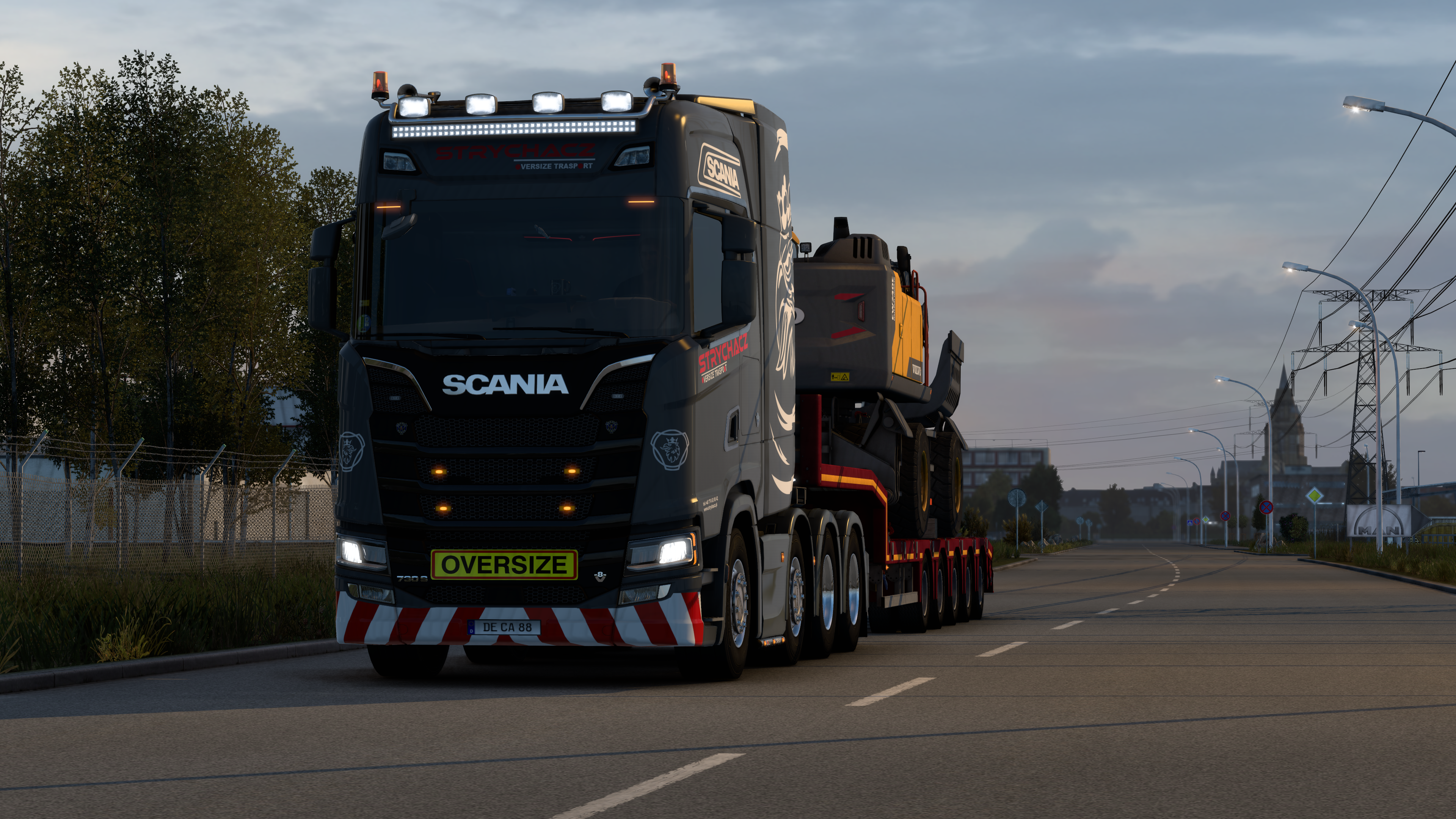 General 3840x2160 Scania truck Euro Truck Simulator 2 video games CGI street light sky clouds frontal view headlights road