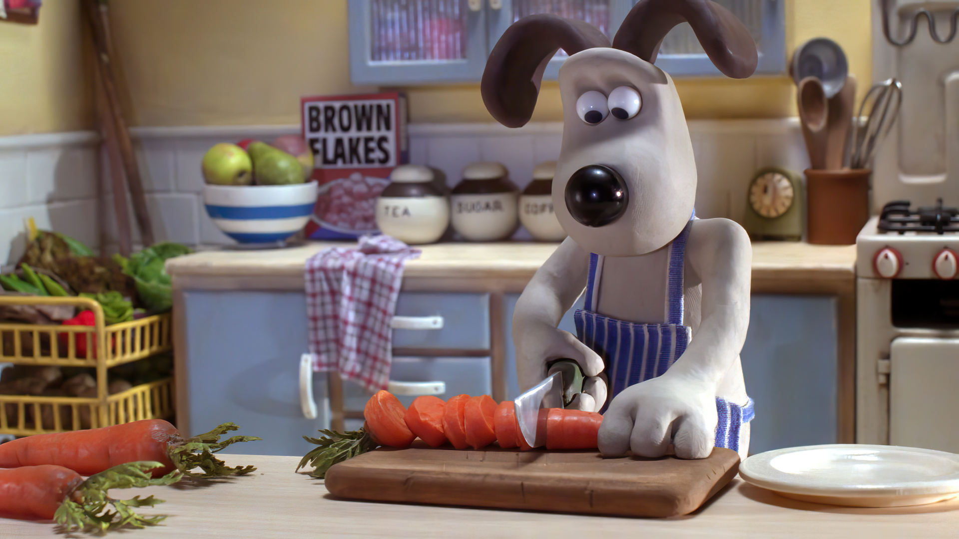 General 1920x1080 Wallace and Gromit The Curse of the Were-Rabbit movies film stills dog kitchen table knife carrots plates cooking animals food pear apples bowls oven towel stop motion vegetables