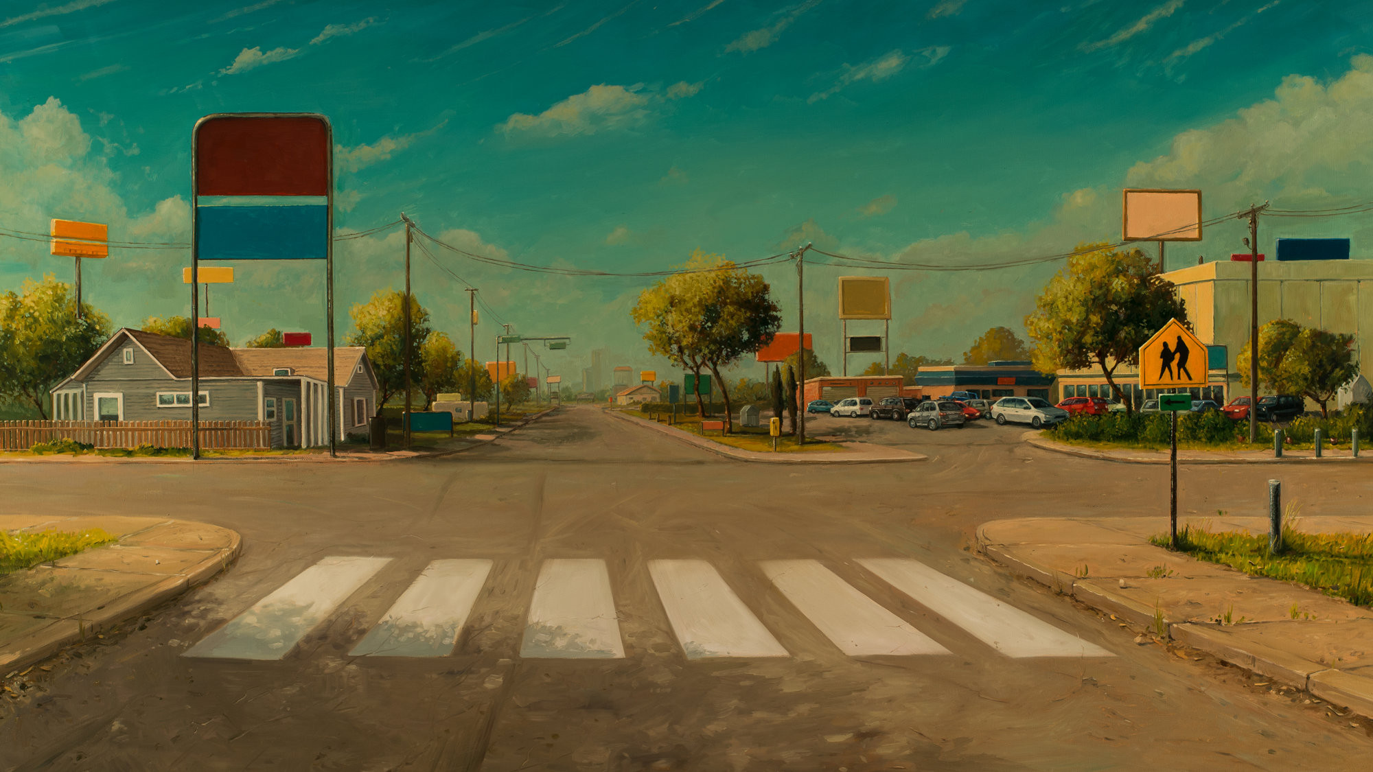 General 2000x1125 Undone interpolated rotoscoping Jakub Podlodowski oil painting San Antonio road clouds sky trees sign crosswalk digital art