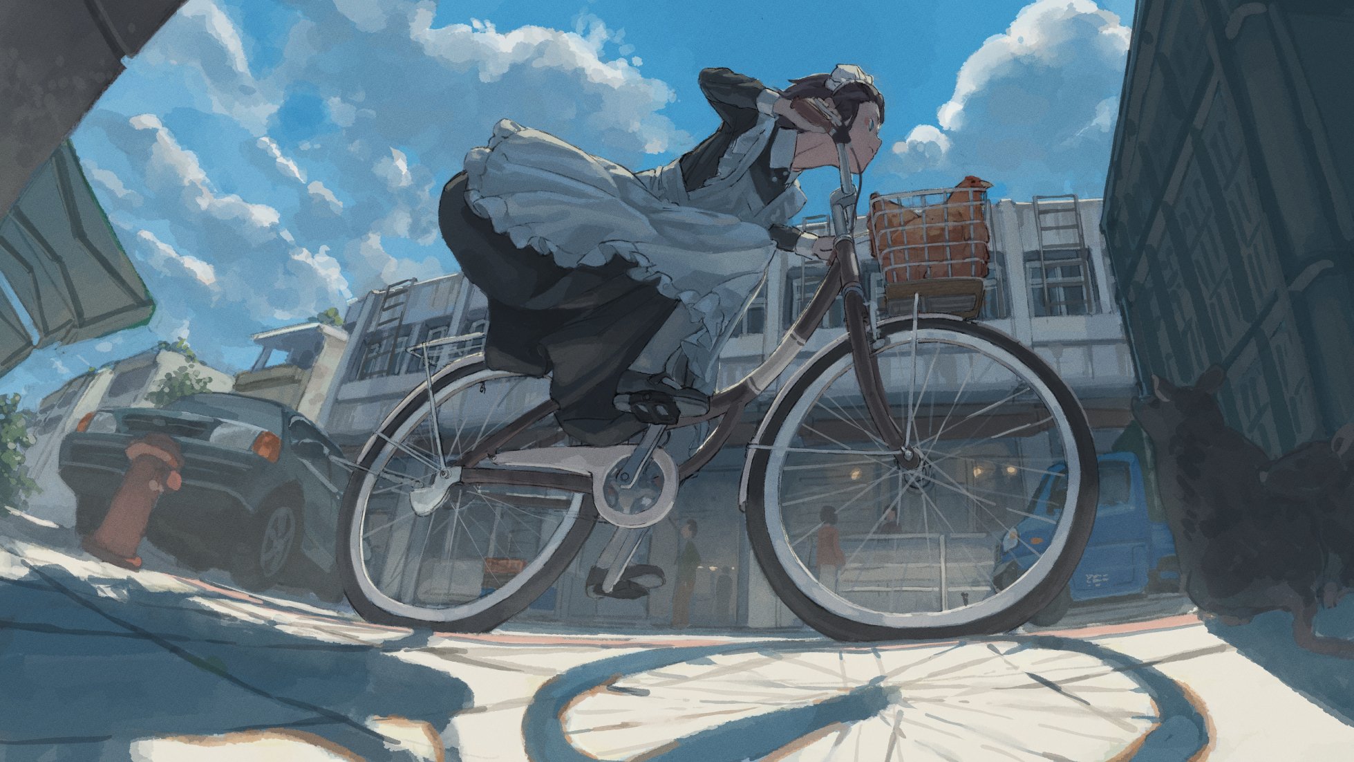 Anime 1959x1102 maid low-angle bicycle anime girls maid outfit clouds sky car rats chickens