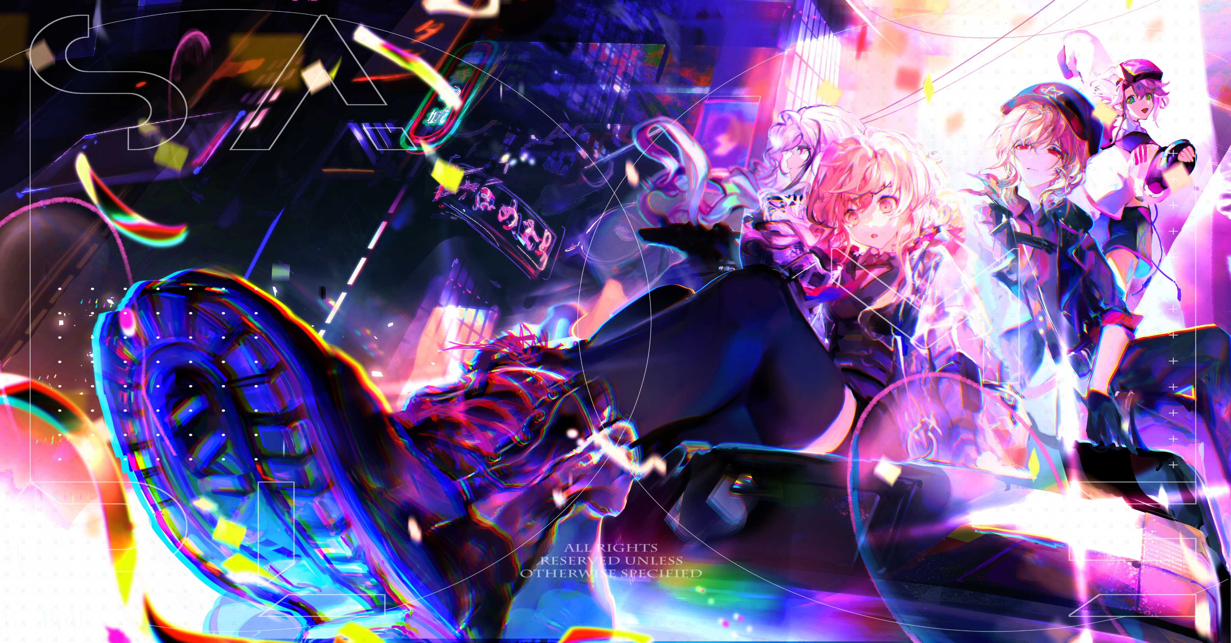 Anime 4096x2141 anime girls futuristic low-angle stockings boots building sitting colorful