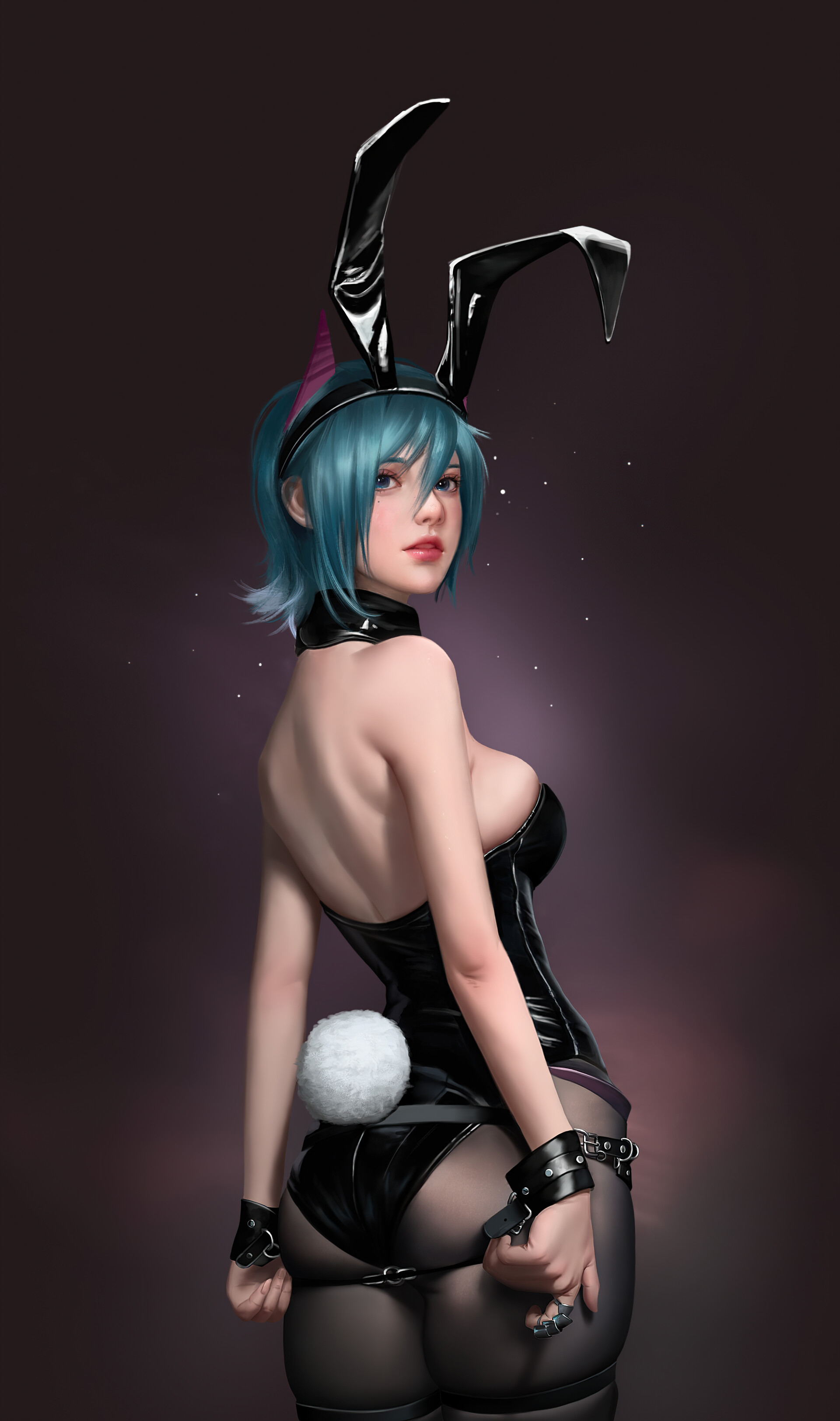 General 1920x3247 Qi Miao drawing women bunny girl blue hair ass bunny ears simple background portrait display bunny suit looking back sideboob big boobs minimalism moles mole under eye looking at viewer bareback handcuffs pantyhose