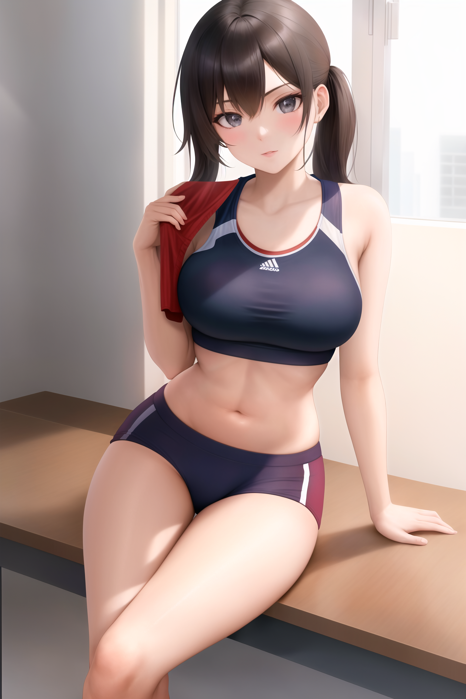 Anime 1536x2304 anime girls AI art Stable Diffusion sitting blushing sports shorts sports bra portrait display thighs big boobs looking at viewer