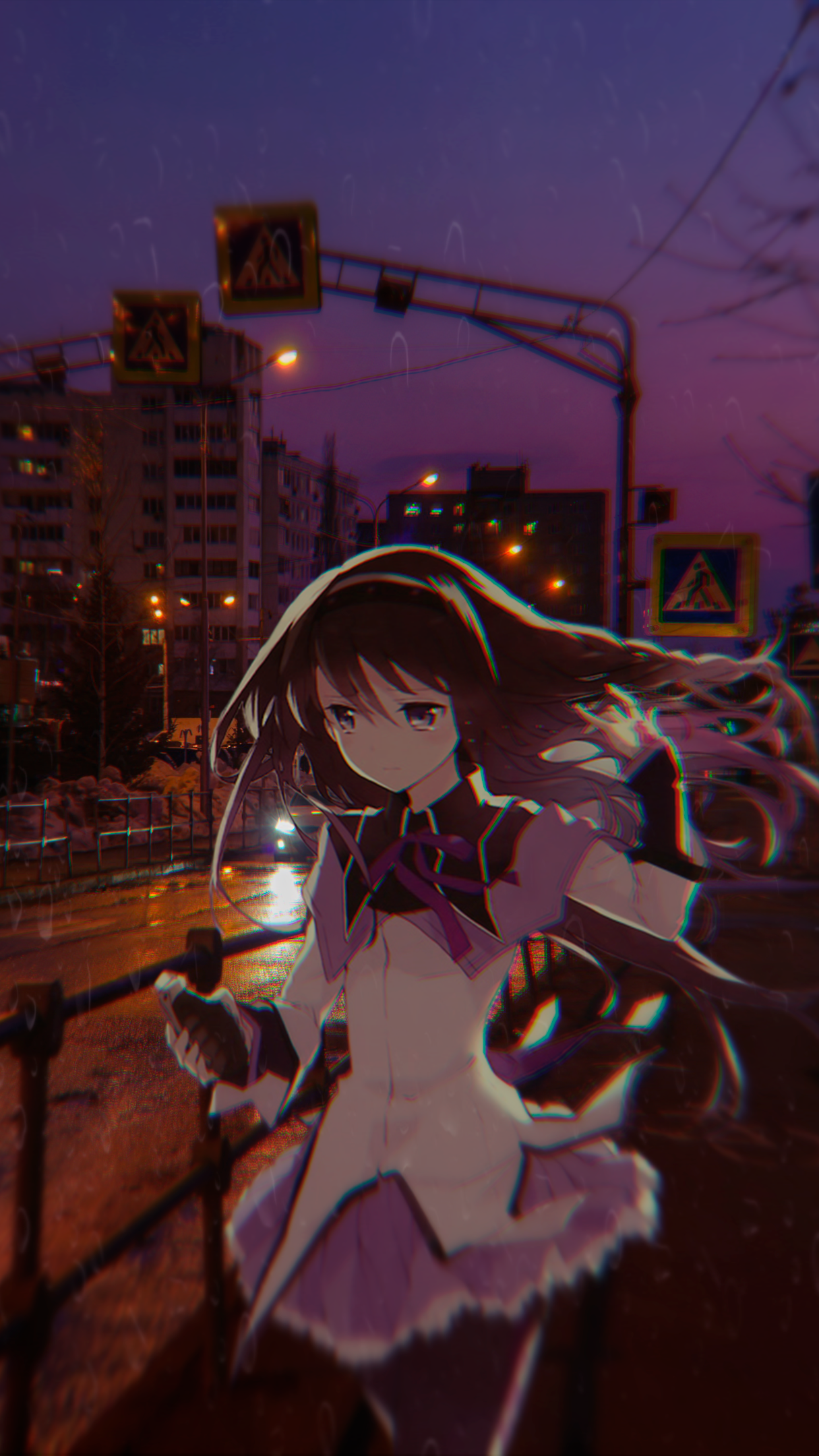 Anime 1215x2160 animeirl Homura Akemi crying street light portrait display anime girls long hair city grenades