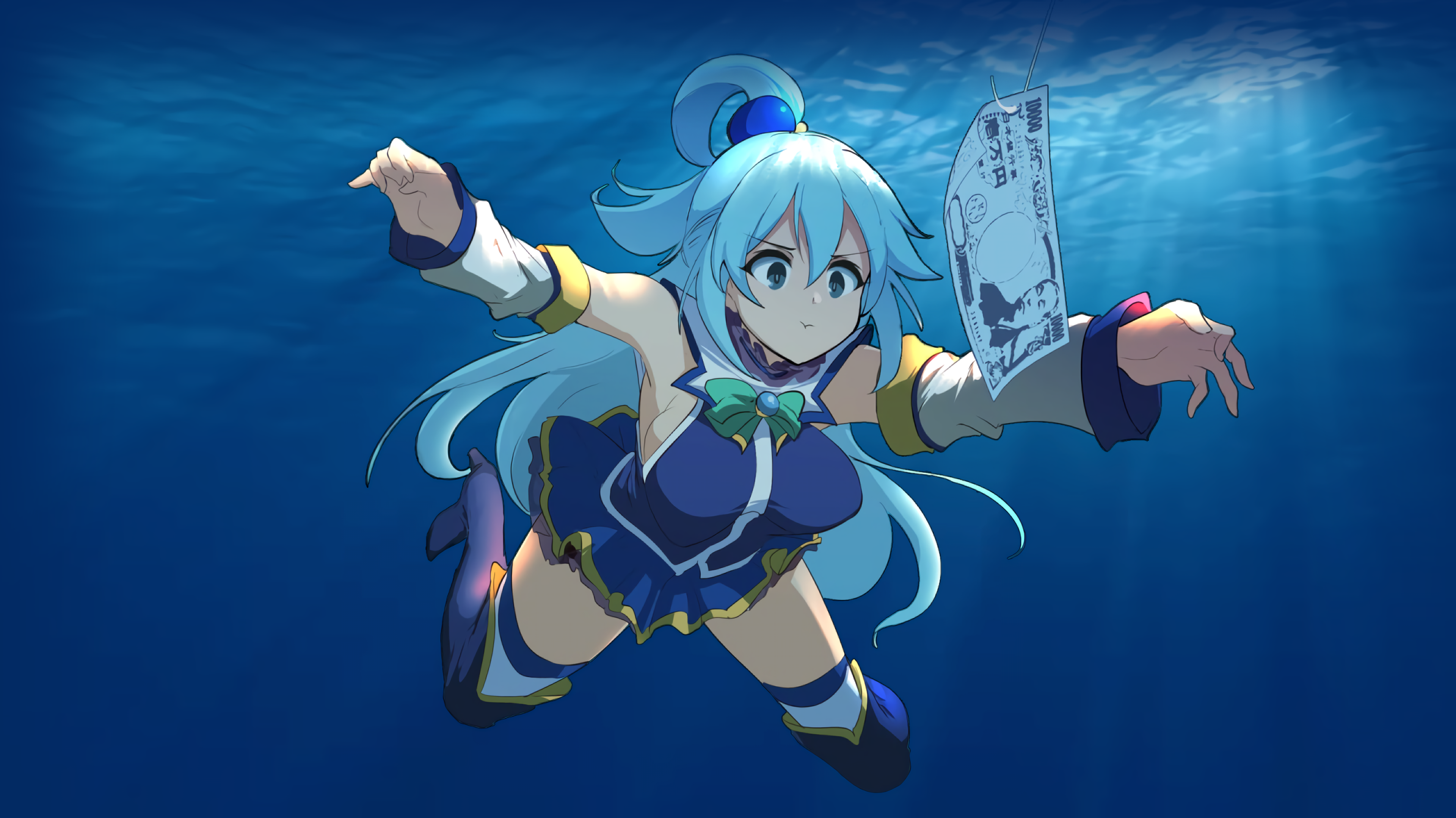 Anime 3840x2160 Kono Subarashii Sekai ni Shukufuku wo! Aqua (KonoSuba) 4K anime girls humor Nirvana crossover underwater money in water water blue hair blue eyes long hair