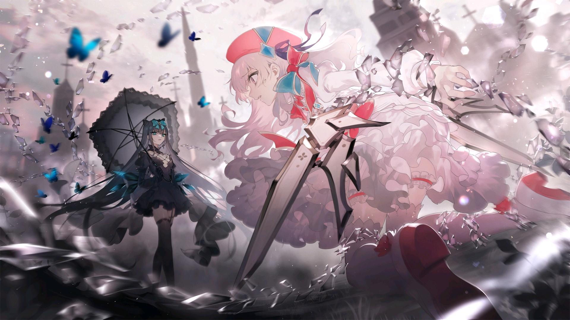 Anime 1920x1080 ARCAEA lowiro opposition umbrella anime girls butterfly long hair bow tie hat