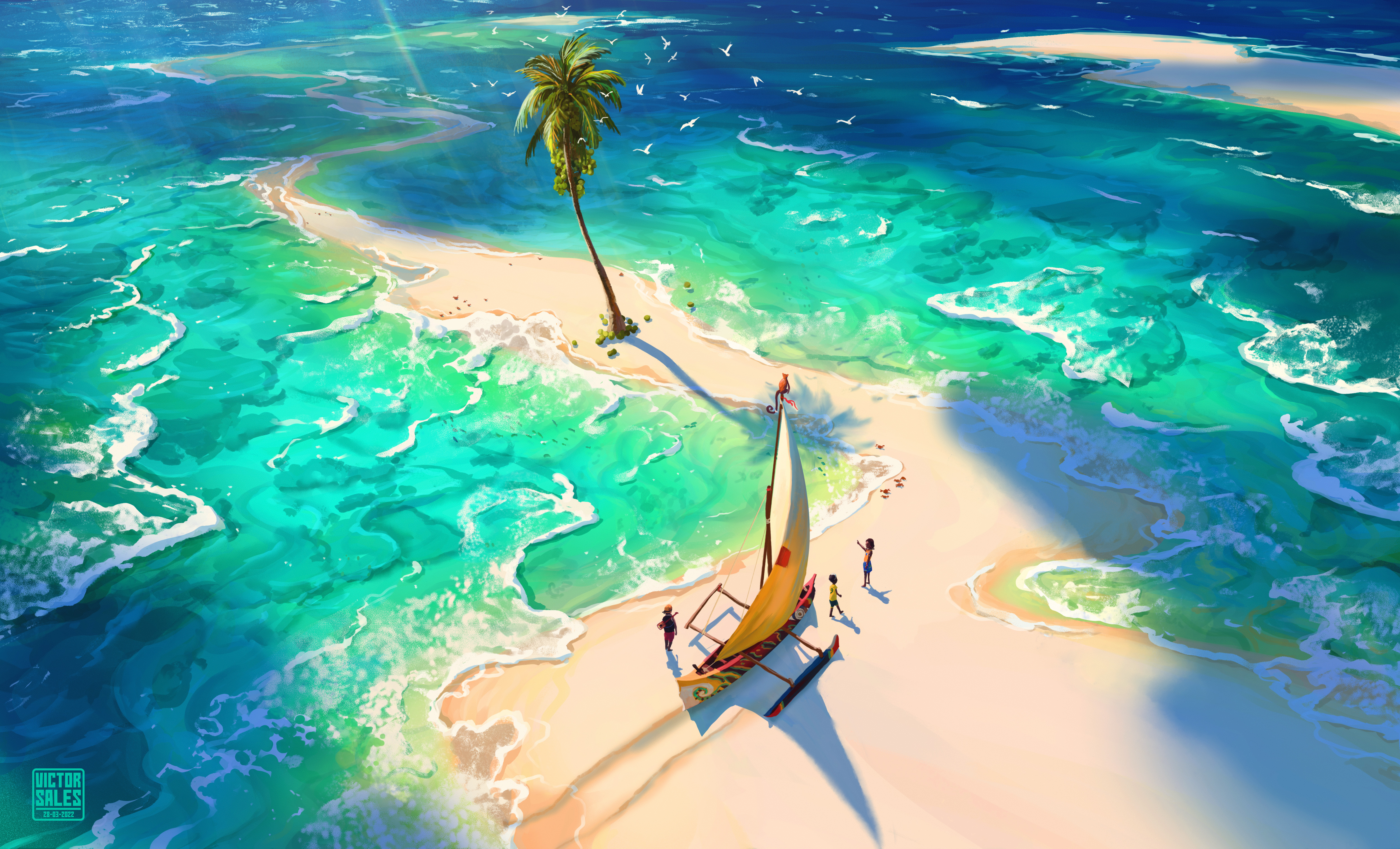 General 5000x3032 digital art artwork illustration landscape sea water palm trees sand Victor Sales island