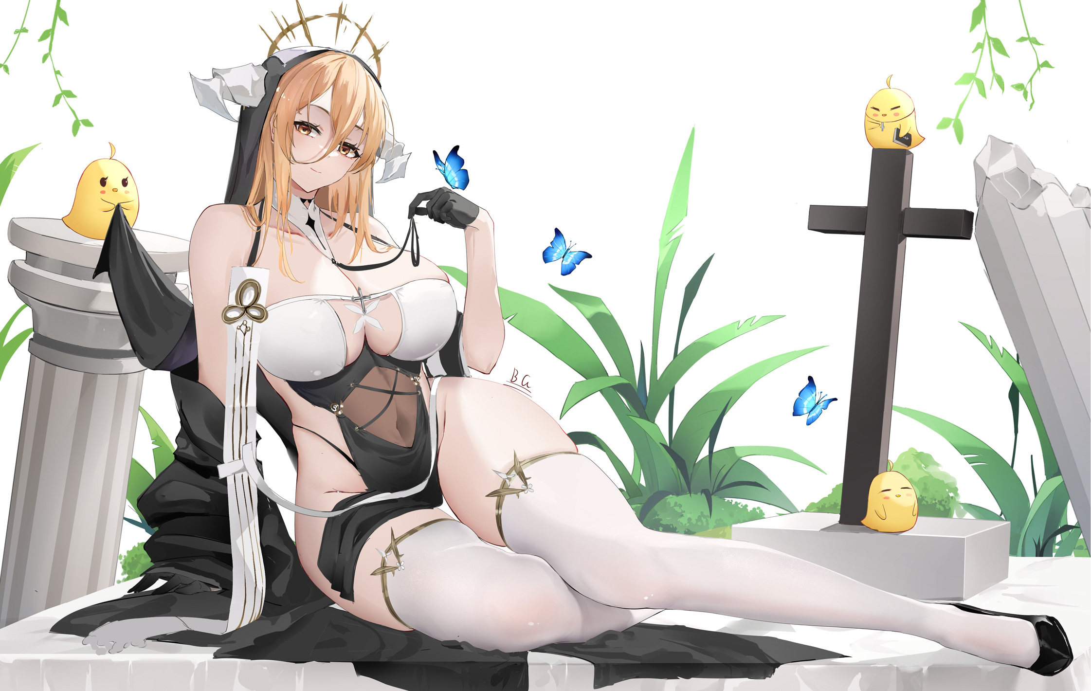 Anime 2242x1420 anime girls video games Azur Lane Implacable(Azur Lane) Manjuu (Azur Lane) horns see-through clothing thigh-highs blonde Baige0 stockings no bra gloves nuns nun outfit big boobs leaves looking at viewer cross butterfly