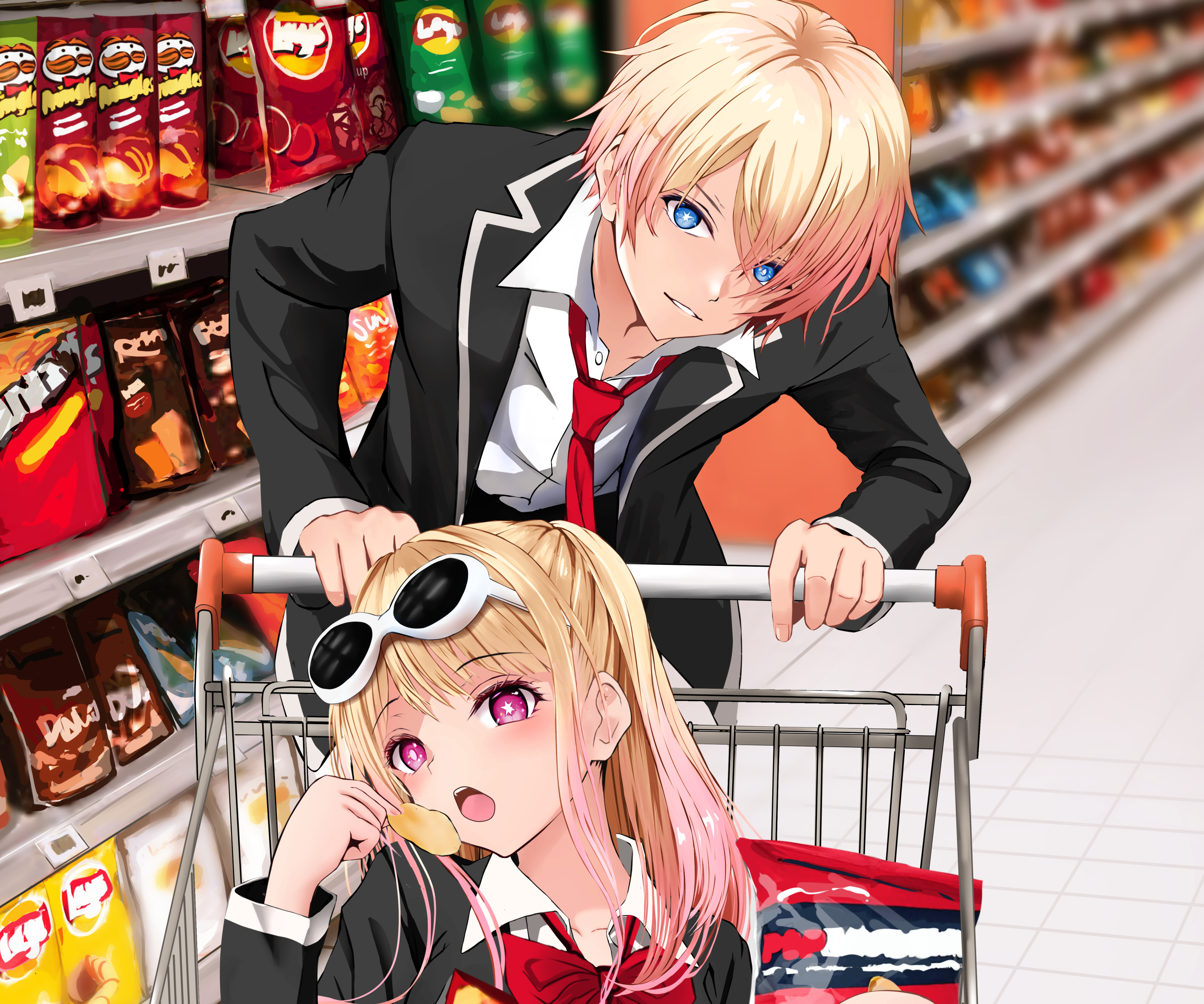 Anime 2833x2361 anime anime girls Oshi no Ko anime boys shopping cart shopping looking at viewer gradient hair two tone hair star eyes Hoshino Ruby