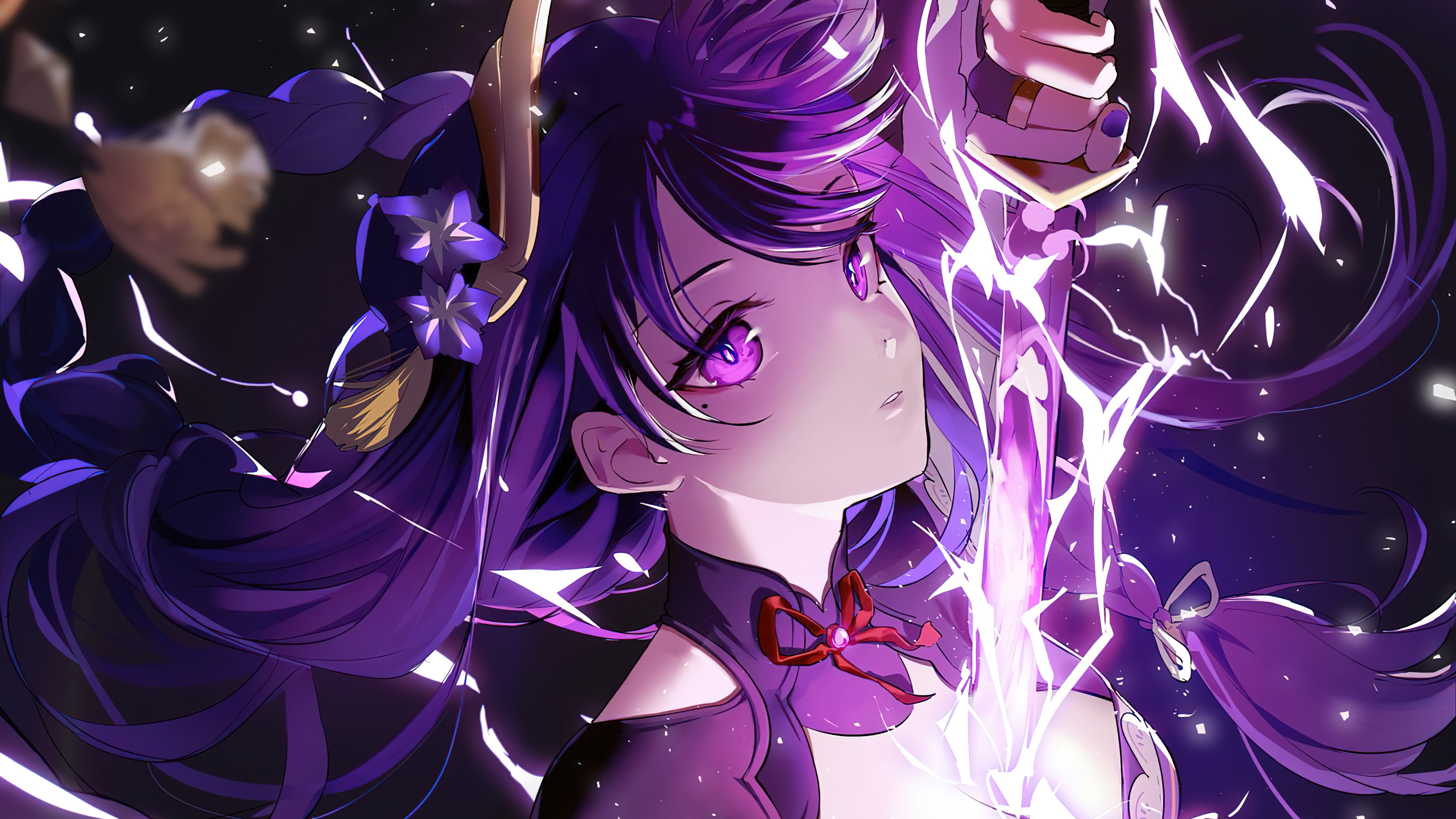Anime 3840x2160 anime girls Genshin Impact Raiden Shogun (Genshin Impact) purple hair purple eyes moles mole under eye sword