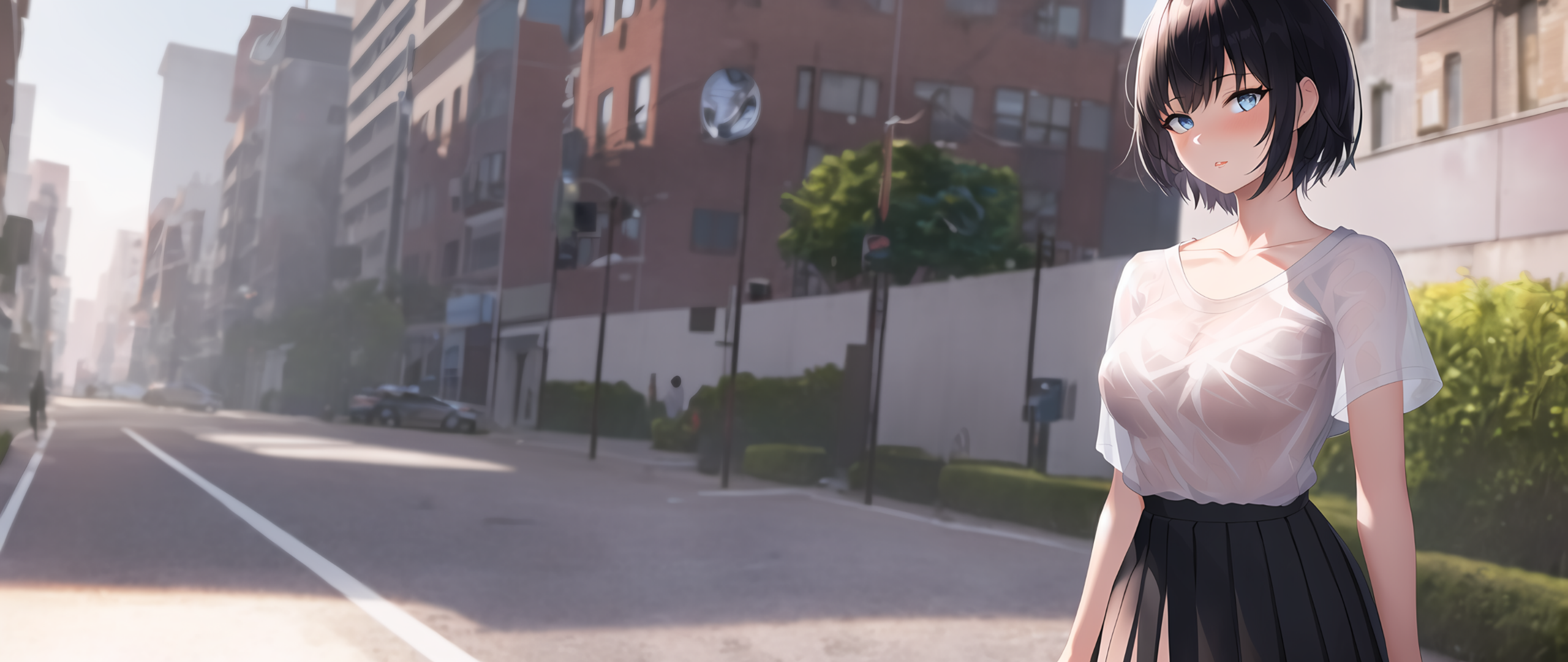 Anime 2560x1080 AI art city skirt wet blouse anime girls boobs blushing blue eyes