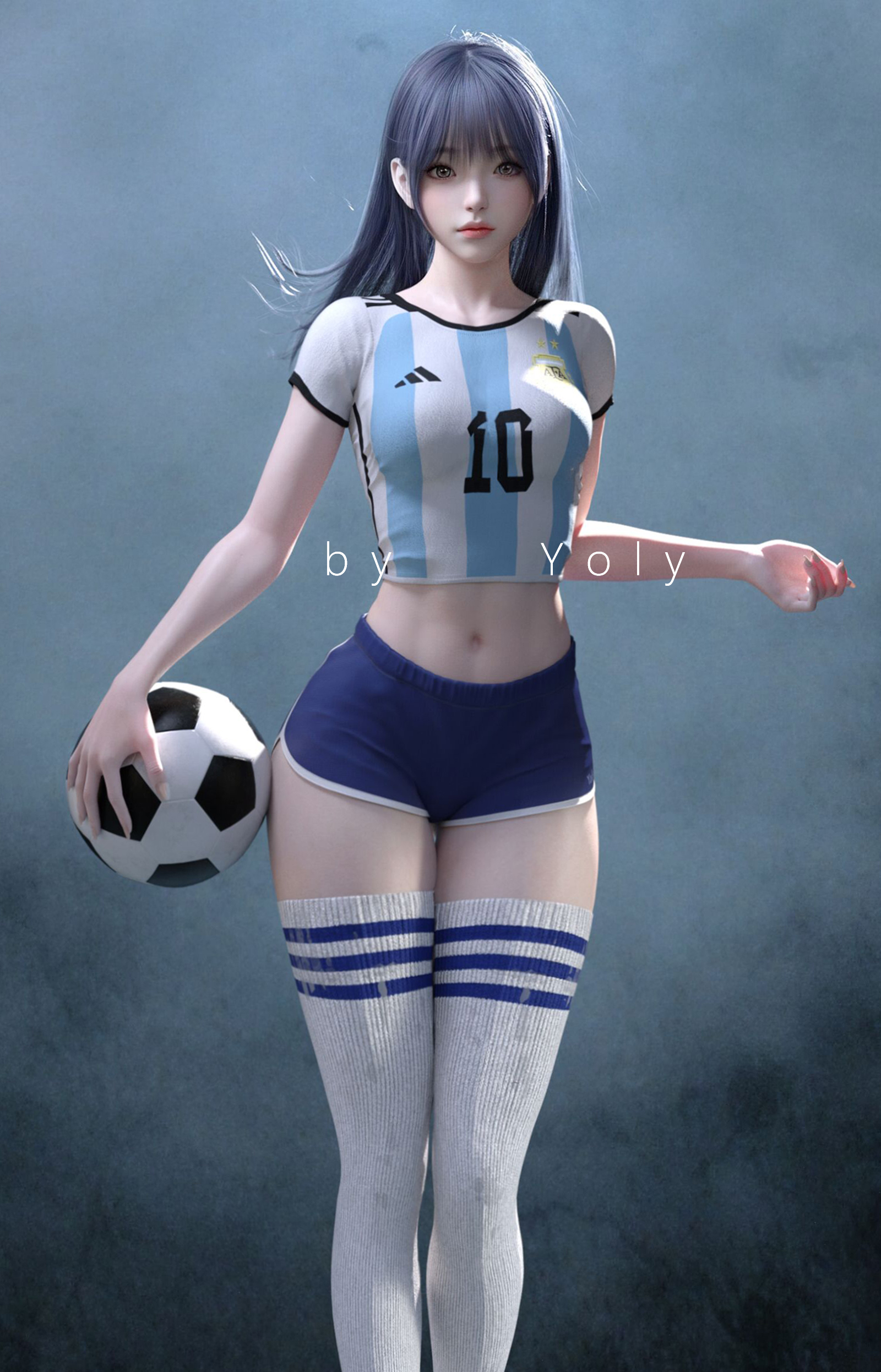 General 1600x2492 Yoly Argentina soccer soccer girls soccer ball stockings white stockings Asian CGI digital art artwork vertical short shorts