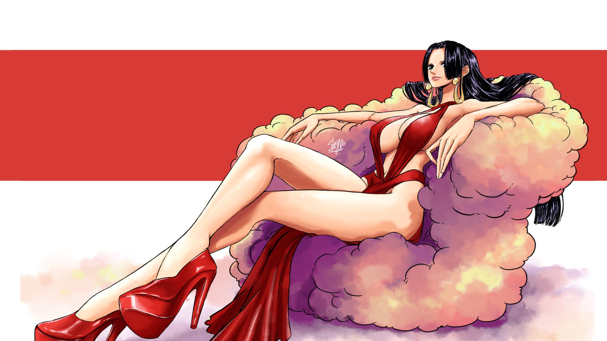 Anime 2047x1151 Boa Hancock One Piece anime anime girls dress big boobs heels black hair simple background legs crossed red heels low-angle red dress